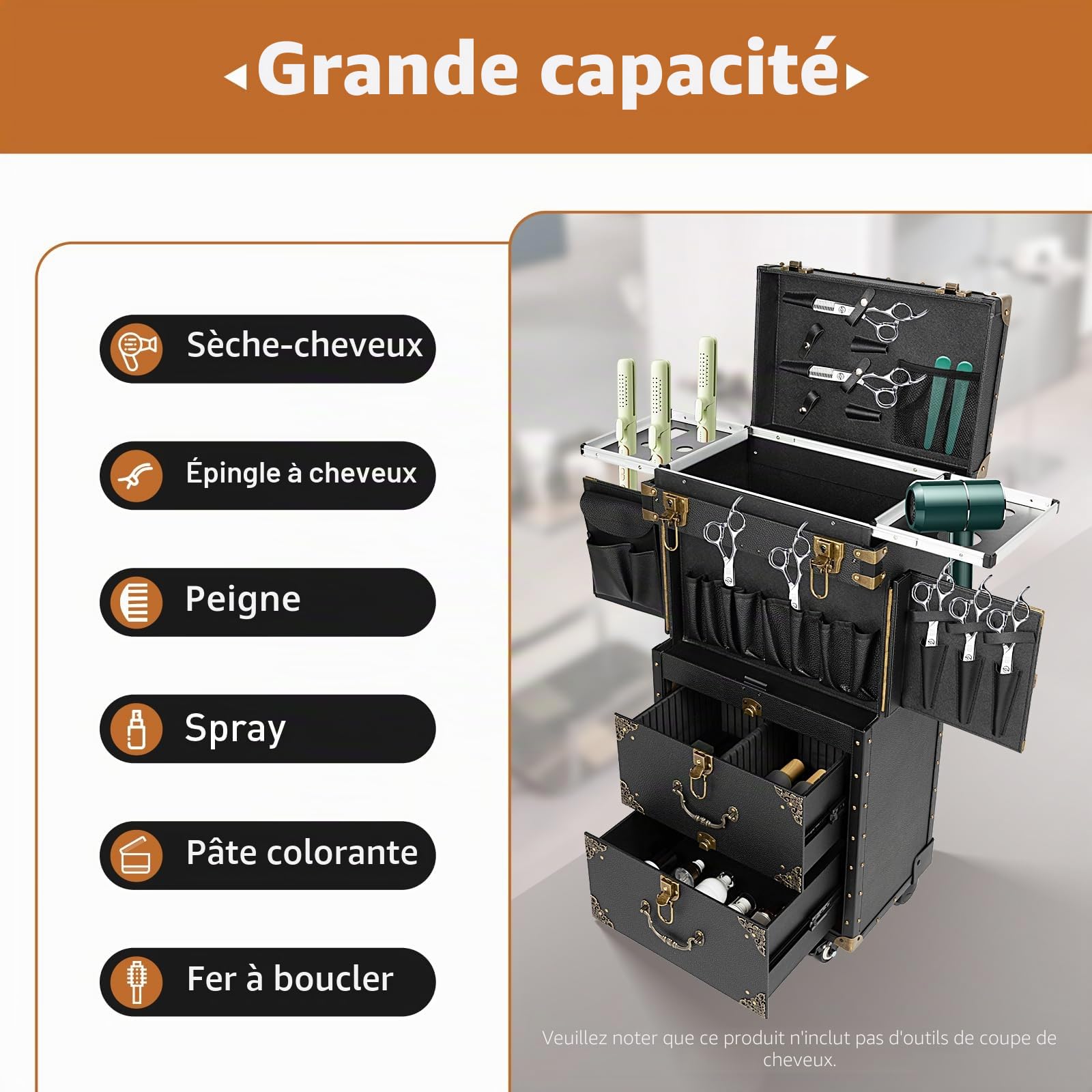 Valise de Maquillage à roulettes avec SèChe-Cheveux Support | Malette Professionnelle pour Onglerie et Coiffure avec 3 Tiroirs et Système de Verrouillage, Plusieurs Compartiments, Noir