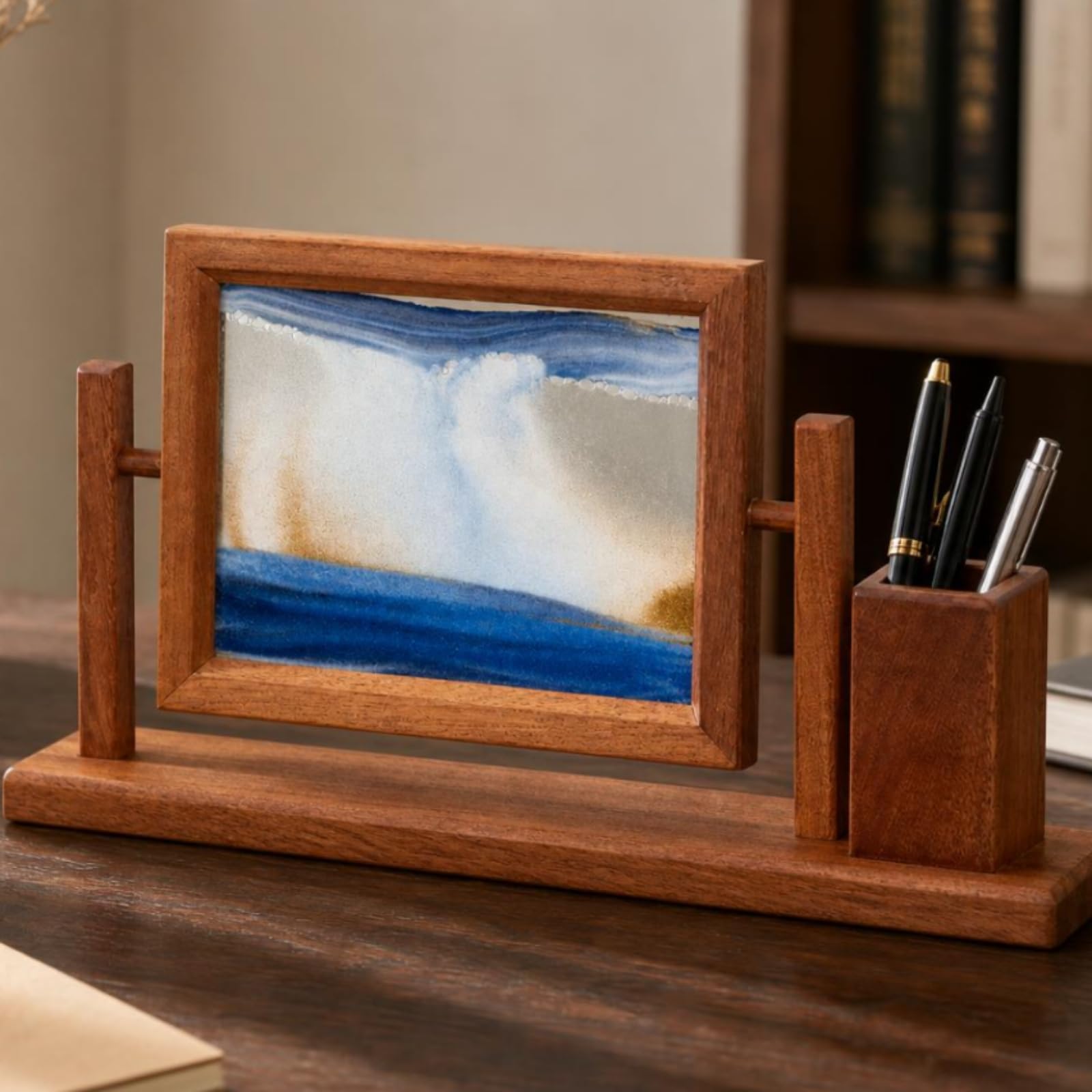 Sandbild mit Stifthalter beruhigend drehbarer Bilderrahmen mit Stiftebecher beweglich drehbares Sandbild für Büroangestellte, Arbeitszimmer, Schwarz, Sand, Tuschelandschaft