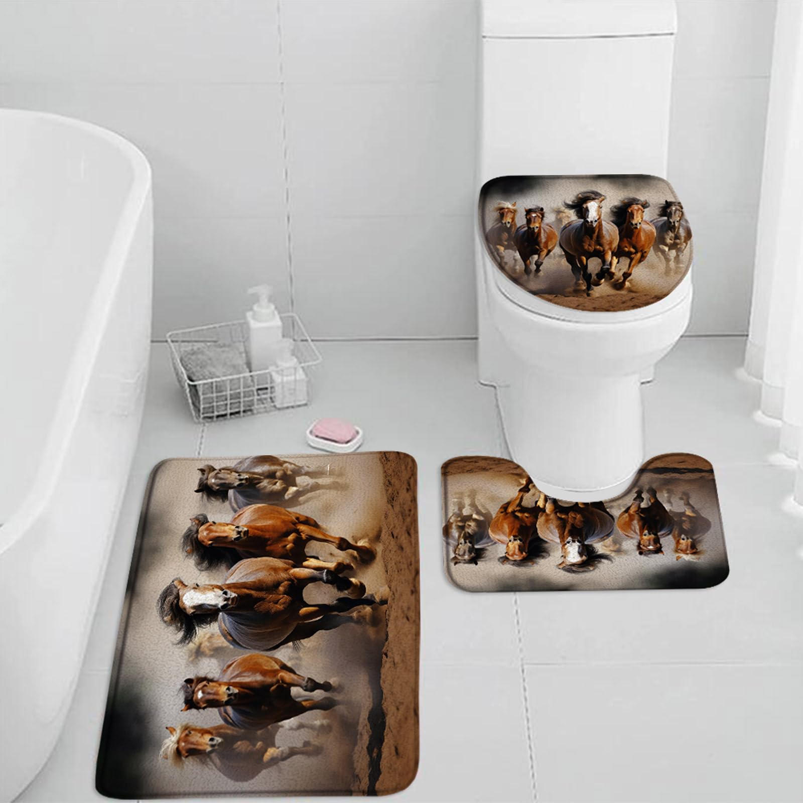 QWRSMYX 3 Pieces Set Horse Animal Bath Mat Western Horses Farmhouse Rustic Vintage Country Farm Theme Bathroom Rugs Toilet Lid Cover Pedestal Rug U-Shaped