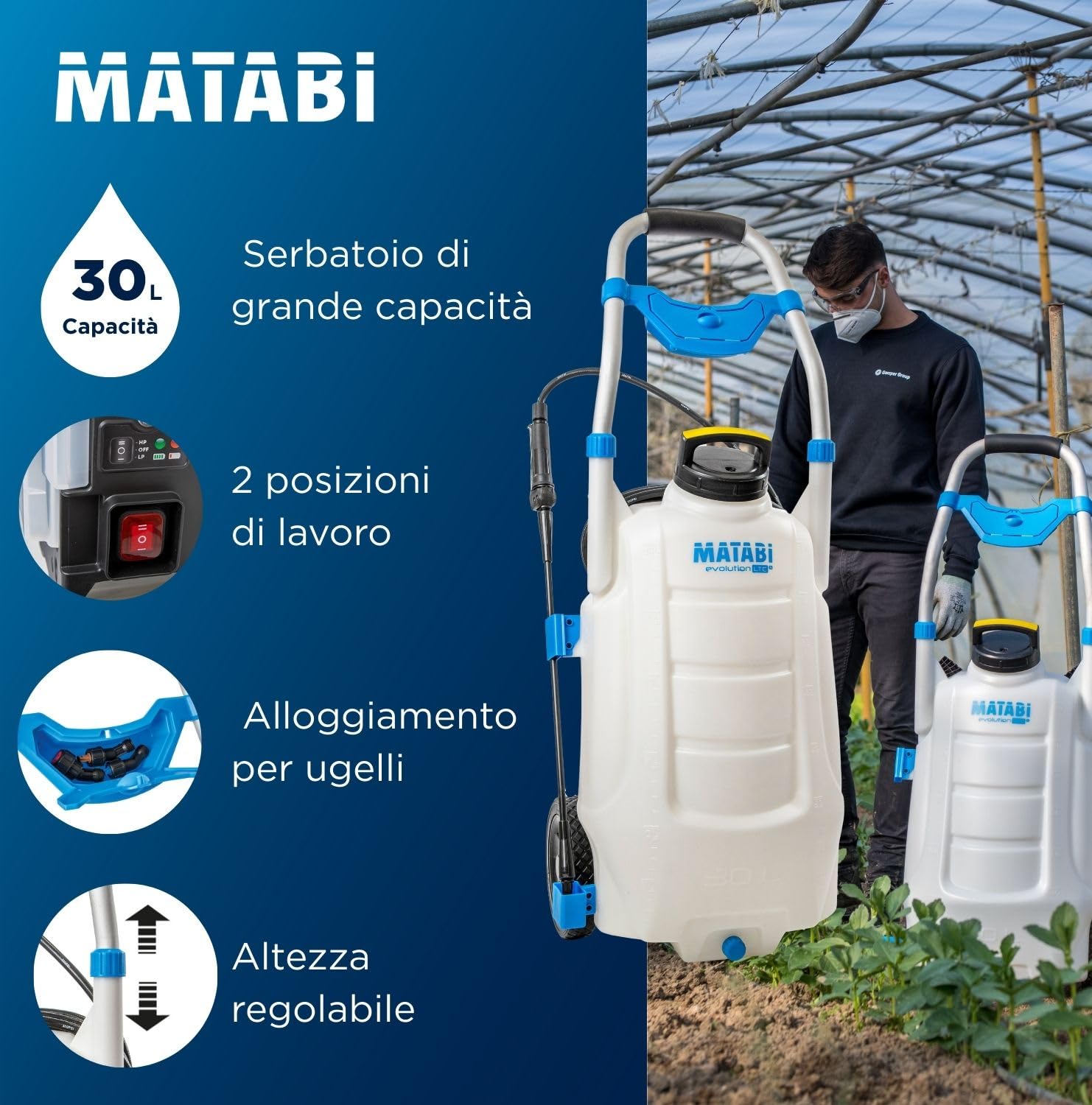Matabi 30LTCS Pompa Irroratrice a Batteria - Carrello 30 L - 18 V - 5,5 Bar