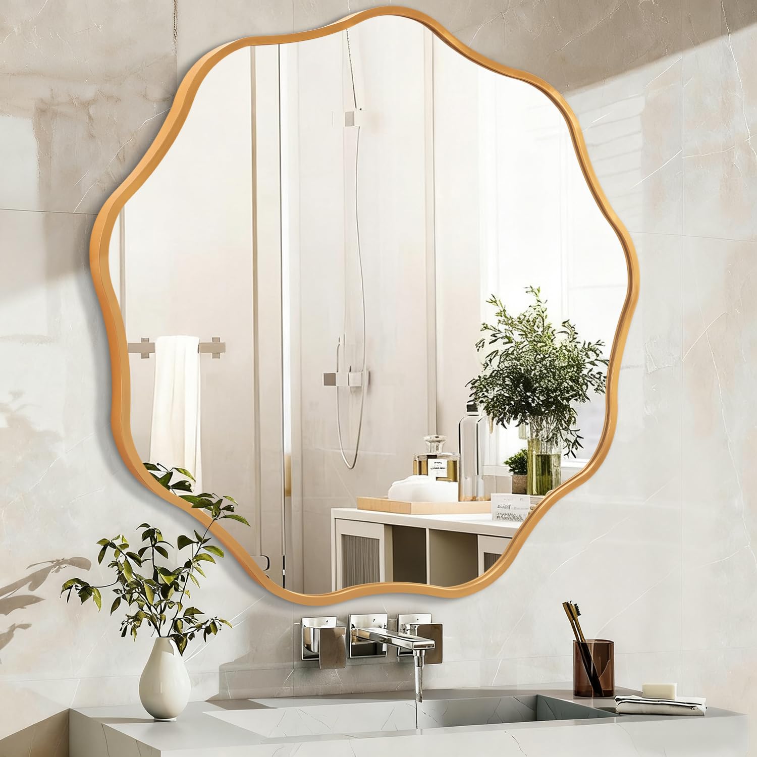 HLFMVWE Round Wavy Mirror for Wall, Gold 60CM Metal Frame Circle Decorative Mirror, Round Modern Wall Mounted for Bathroom Entryway Vanity Living Room Hallway