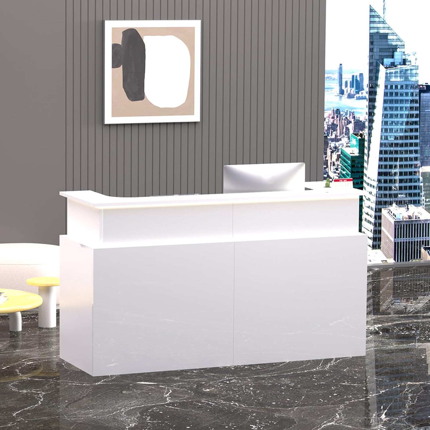 Reception Desk, Modern Reception Table with RGB Light Strip & Cable Grommet, Front Counter Desk, Multi-Layer Solid Wood Board Checkout Counter for Lobbies, Salons, Retail, Home Offices, 63 Inch