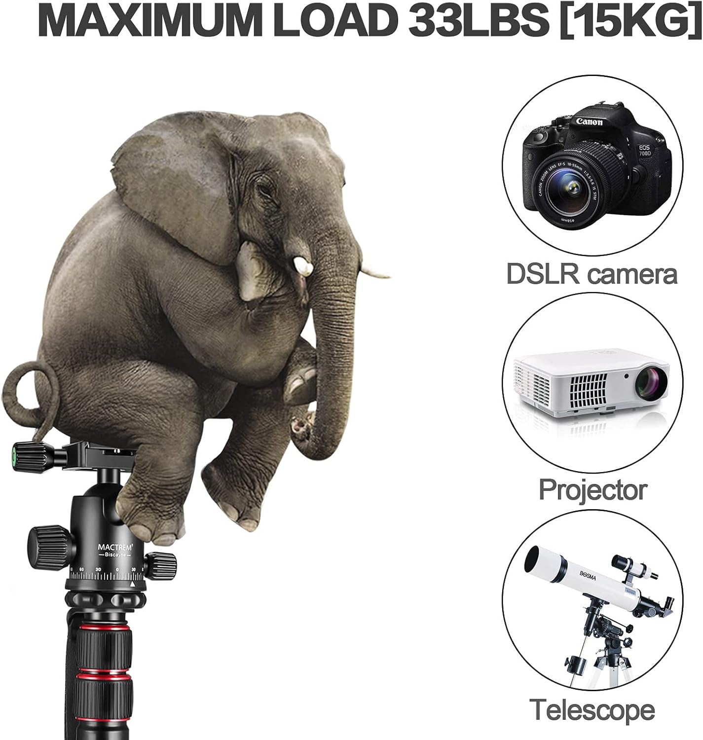 MACTREM 80" Camera Tripod, DSLR Tripod for Travel, Lightweight Aluminum 360 Degree Ball Head Professional Tripod, Monopod with Carry Bag, Phone Mount, 18.5" to 80", 33lb Load(Black) : Electronics