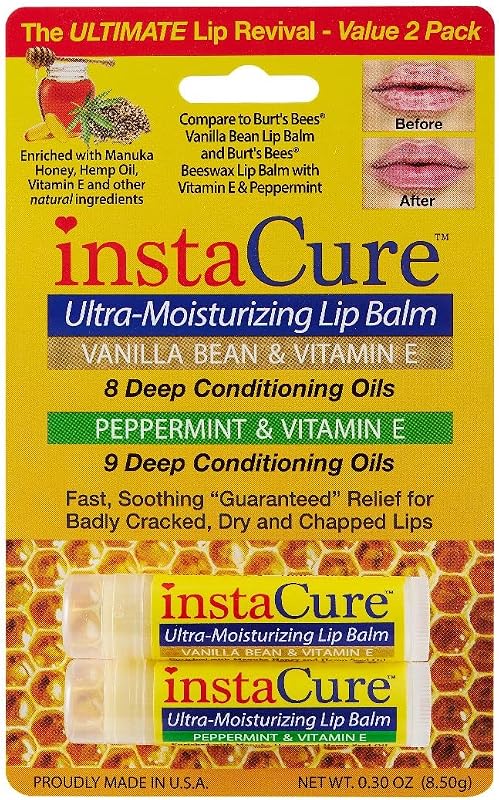 Bálsamo labial INSTACURE com mel de Manuka, óleo de cânhamo e vitamina E, Peppermint e Vanilla Bean, Pacote com 2