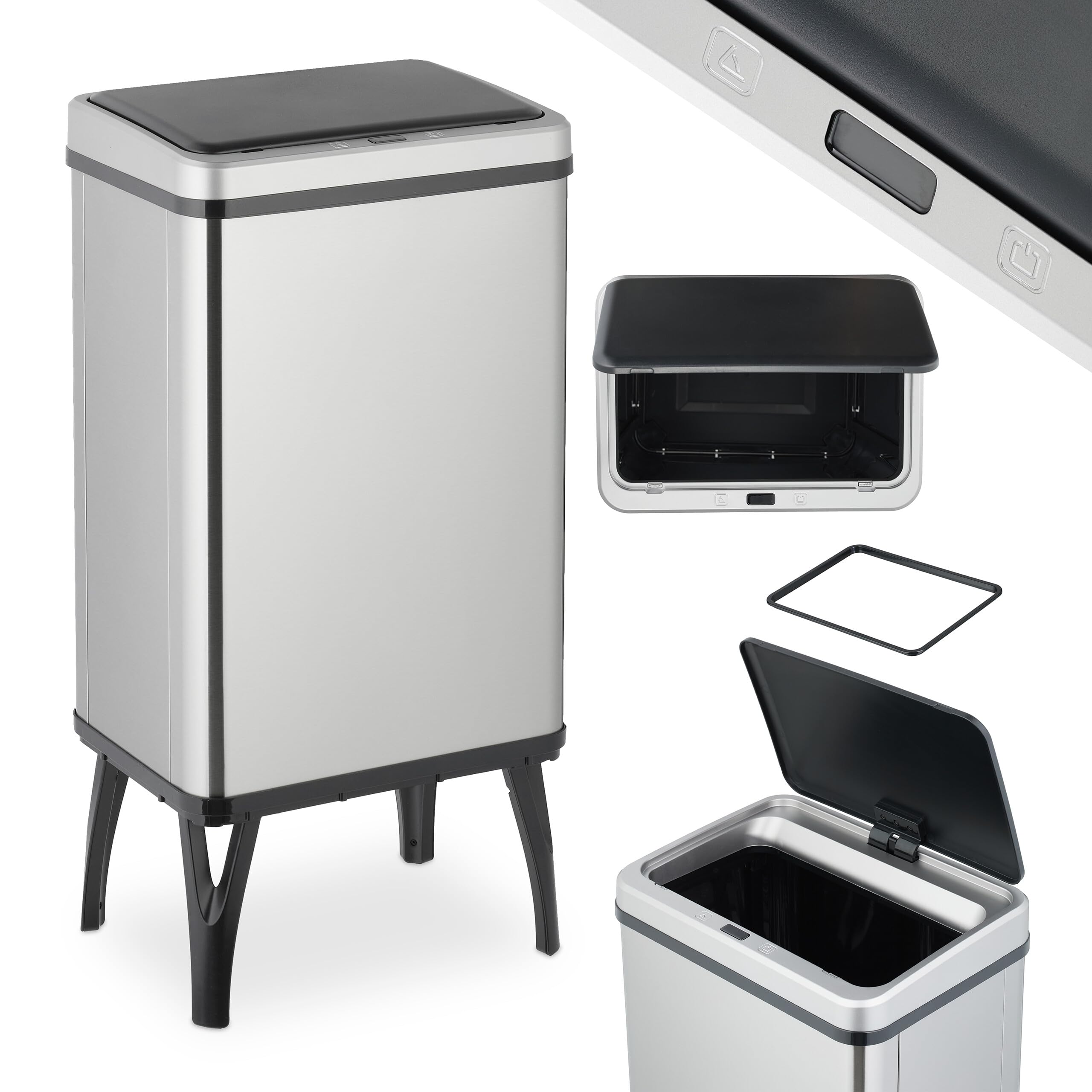 Relaxdays Cubo de Basura Cocina Sensor, 40L, Tapa Eléctrica, Soporte Bolsas, Papelera Automática Acero Inoxidable, Plata