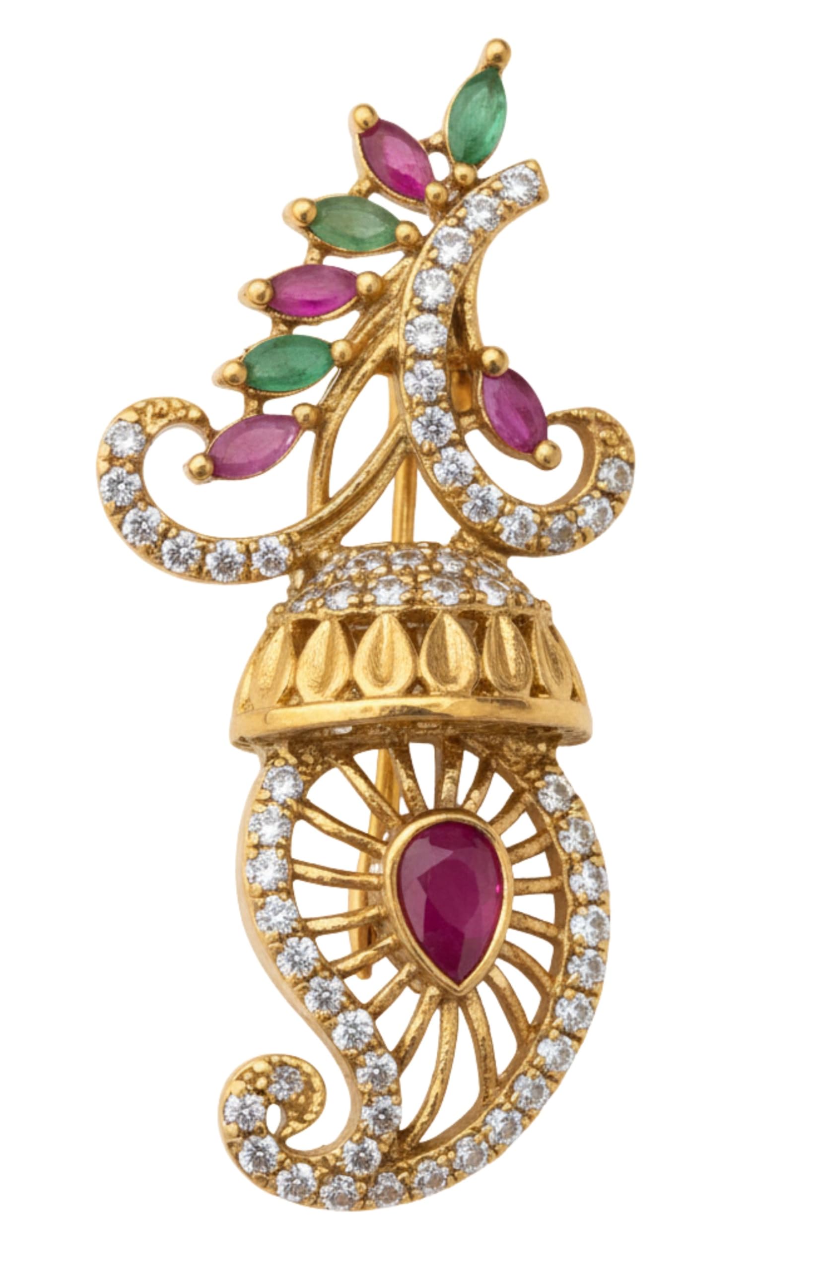 Traditional Paisley & Jhumka Design Gold-Plated Saree Pin/Brooch with Ruby & Emerald Stones-image-48
