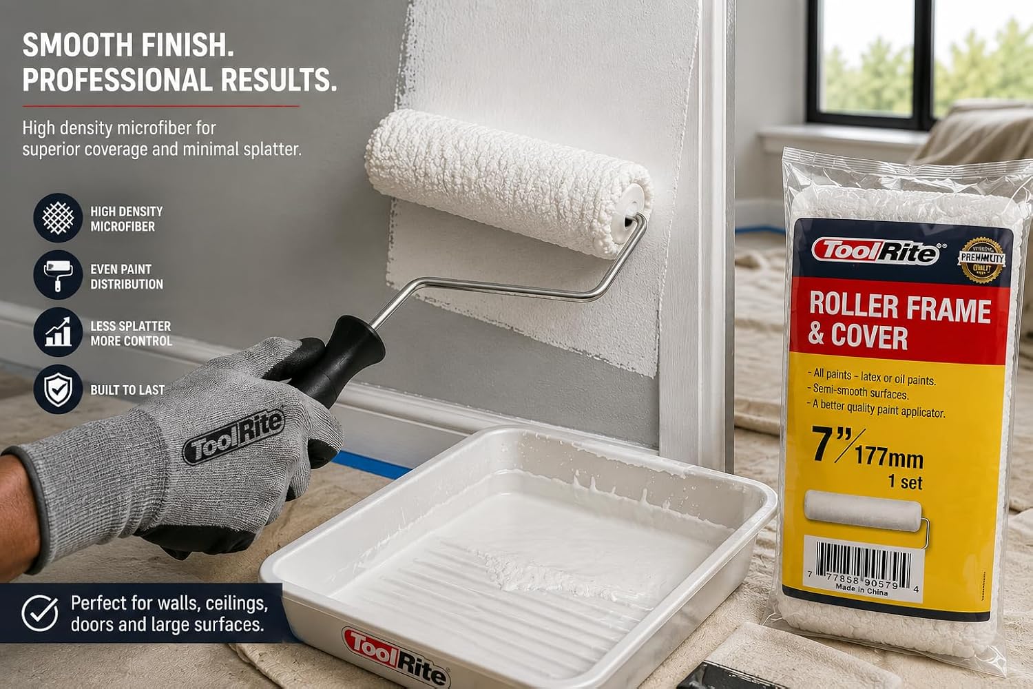 7-Inch Paint Roller Frame and High-Density Microfiber Cover Set - Professional Smooth-Rolling Paint Application Tool for Home Wall, Trim, and Ceiling Painting Projects - Single Pack Set | Wall, Trim & Ceiling Use, Smooth-Rolling Application, High-Density Microfiber, Home Painting Projects, Frame & Cover Included