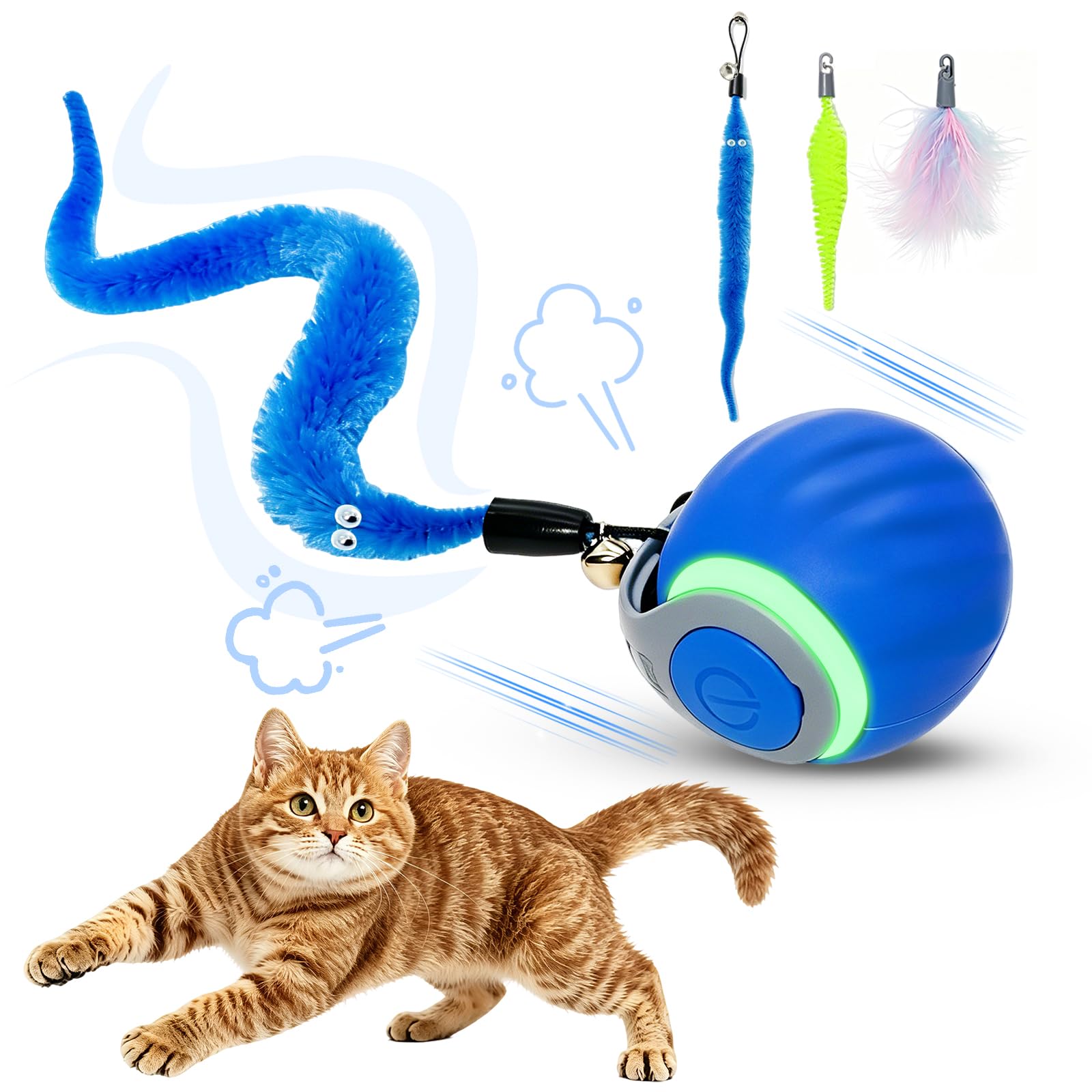 Interaktiver Katzenspielzeugball - Automatisch Beweglicher Katzenball für Indoor-Katzen mit 3 Schwänzen, Wiederaufladbares leises Kätzchenspielzeug für Langeweile & Bewegung, Rollball Spielzeug