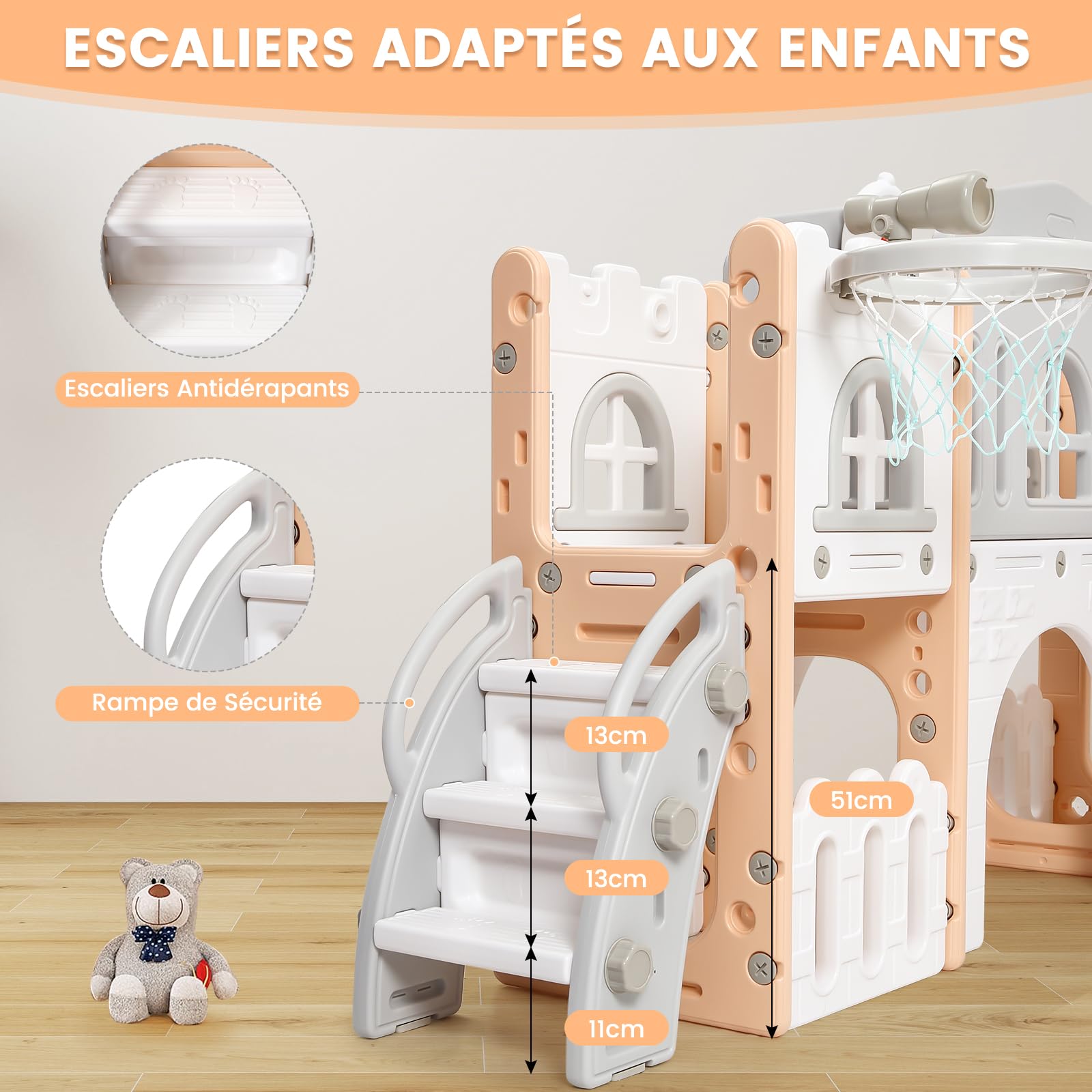 Toboggan 8 en 1 Enfant Extérieur Intérieur Aire De Jeux Évolutif Bébé 1-3 Ans，avec Espace De Cache-Cache, Échelle d'escalade Panier De Basket, Télescope Tunnel De Jeu Ensemble De Jeux Ludique