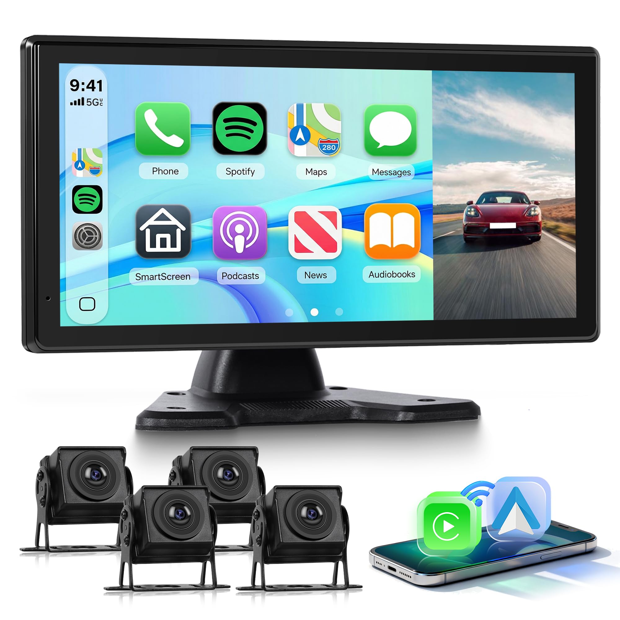 Rimoody 1080P Rückfahrkamera 4 Kameras Set mit Wireless Carplay Android Auto, 10.36 Zoll Monitor 4 Geteilte Bildschirm, Bluetooth/FM Sender/Loop Video/WiFi Video/Parkmonitor für LKW/Bus/Van/Wohnmobile