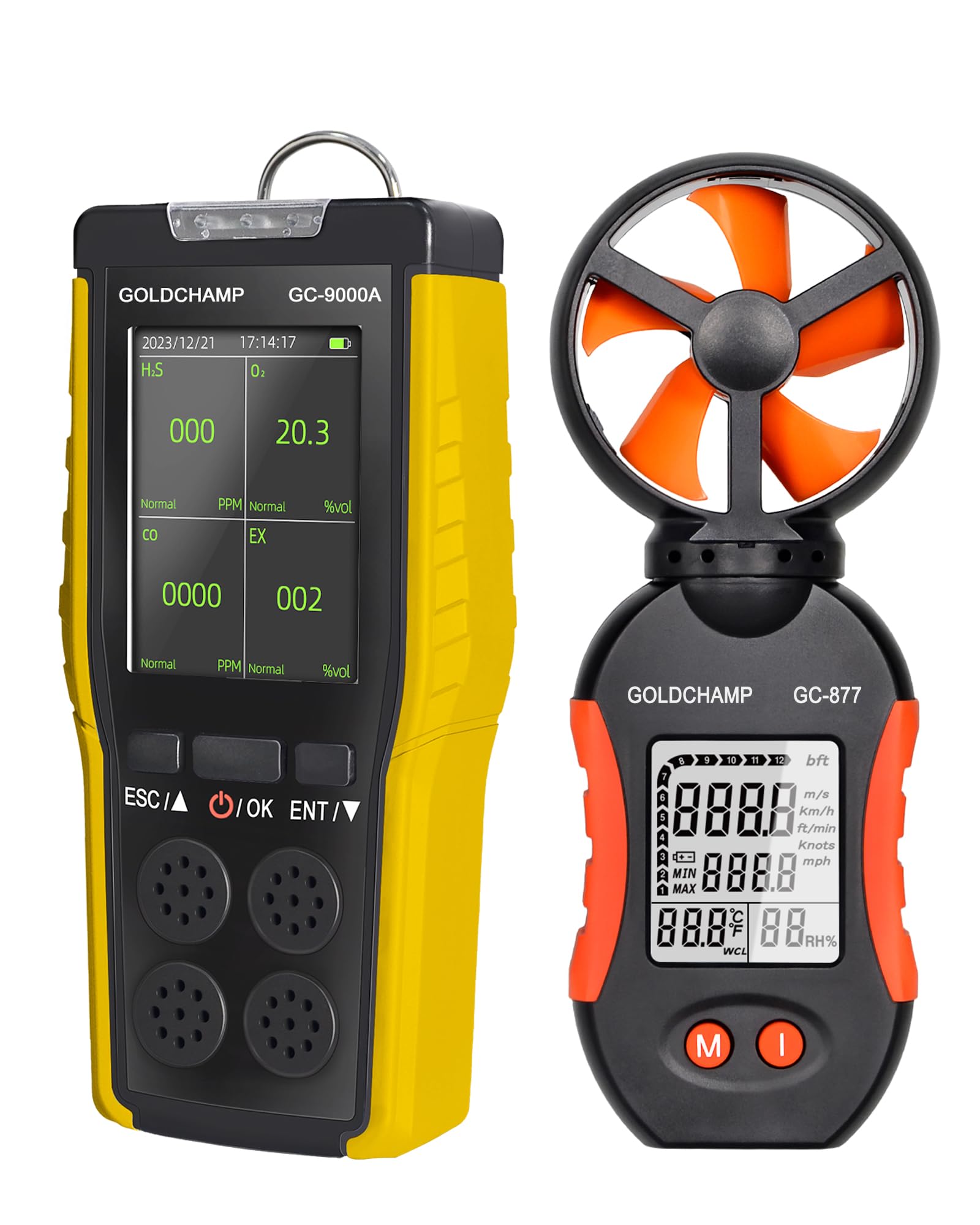 Détecteur de gaz 4 en 1 pour combustible/O2/H2S/CO, alarme son/lumière/vibration et écran LCD détecteurs de fuite de gaz pour la maison + anémomètre portable, 5 unités et interrupteur ℃/℉, testeur de