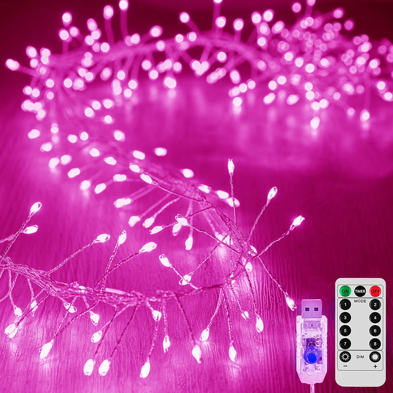 KINGCOO Cluster Fairy Lights with Remote, Waterproof 29.5FT 300LED Silver Wire Firecracker String Lights USB Powered for Outdoor Indoor Bedroom Window Wedding Christmas Party Decoration (Pink) — image 1