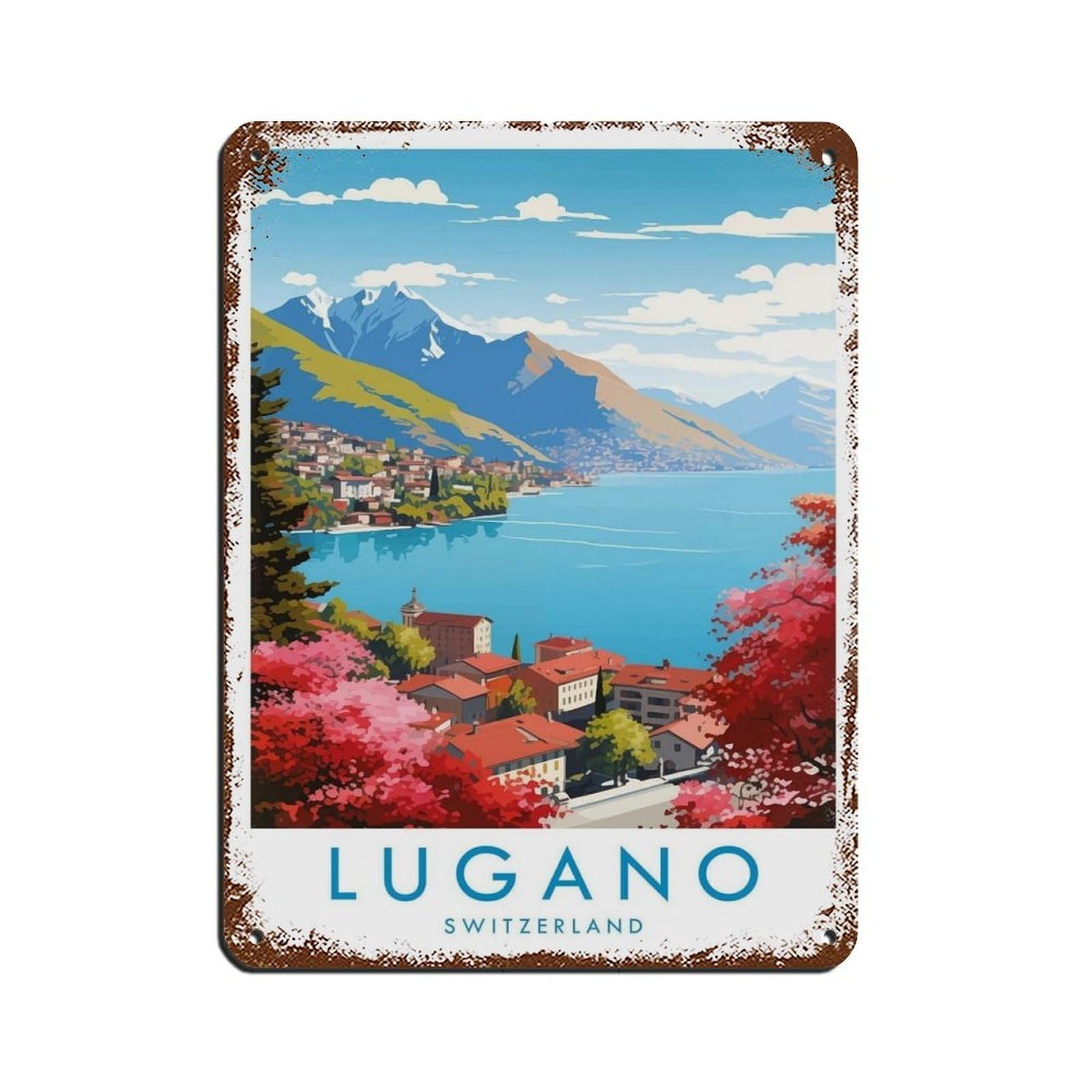 Lugano Travel Poster, Switzerland（7） Retro Poster Metal Tin Sign Chic Art Retro Iron Painting Bar People Cave Cafe Family Garage Poster Wall Decoration 12x16inch(30x40cm)