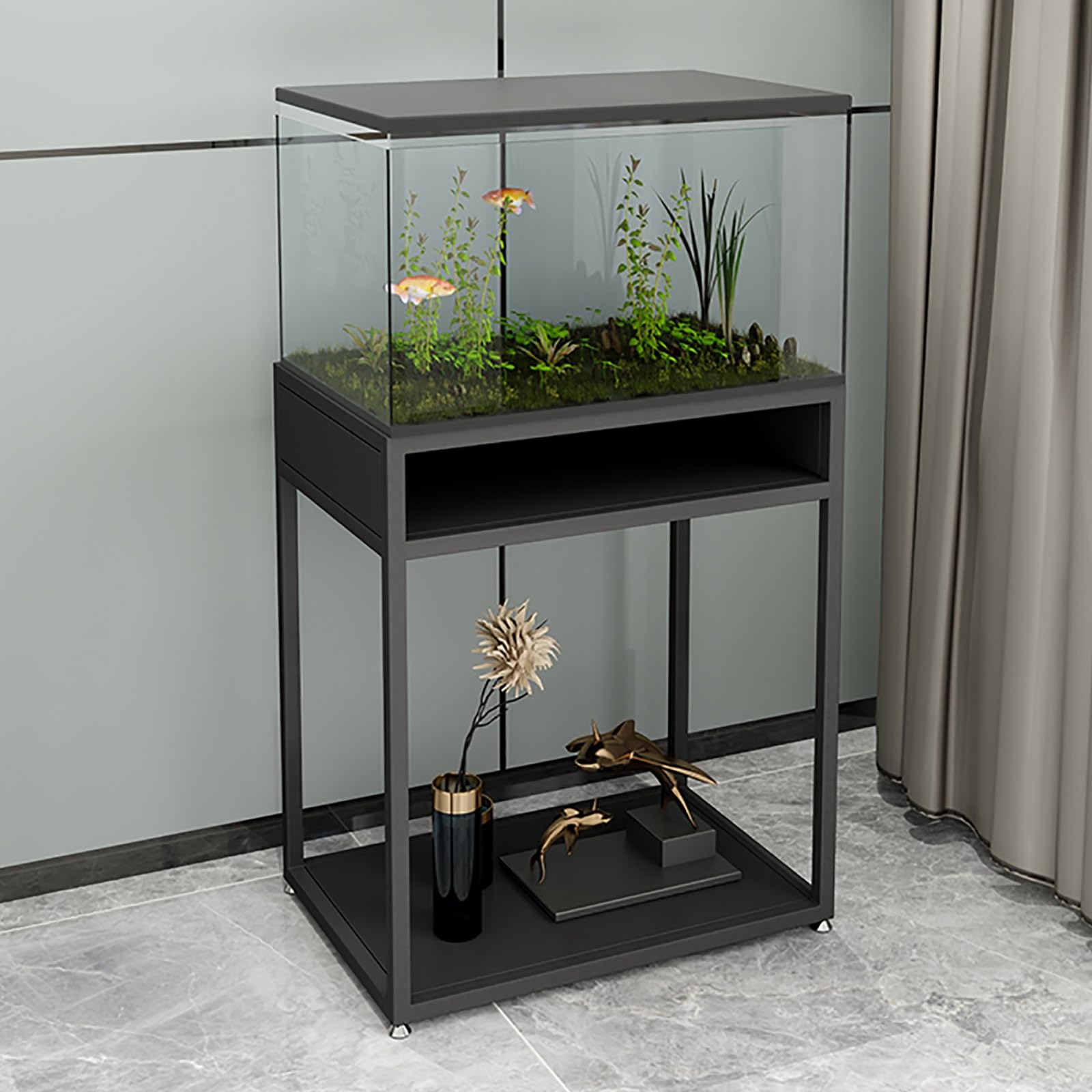 Meuble aquarium pour salon et bureau support en métal noir avec rangement de terrarium