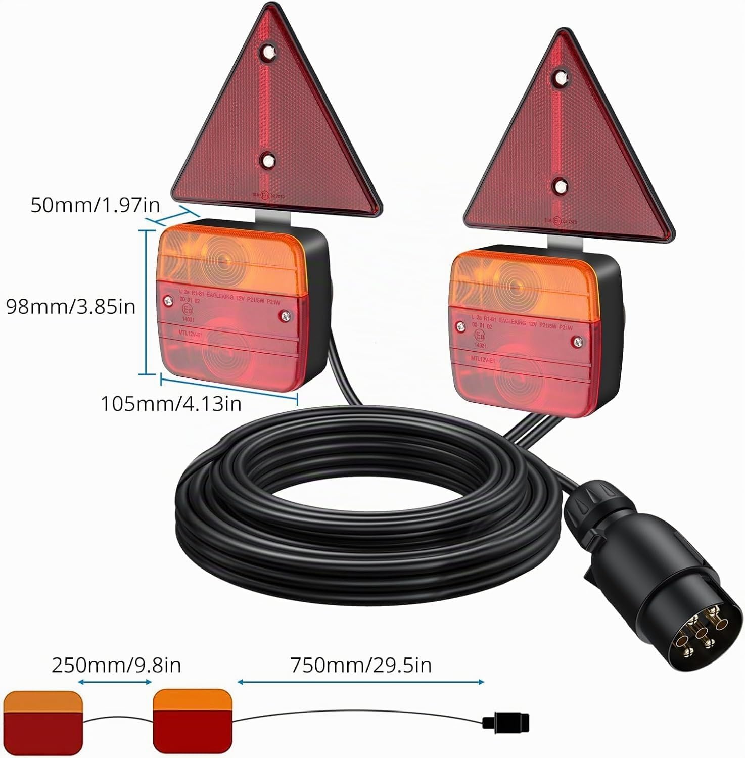 AUTOUTLET Feux arrière de remorque avec catadioptre, 12 V, kit de feux arrière universels pour remorque, fiche 7 broches, câble de 7,5 m et certifié E11, étanche IP65, éclairage arrière de voiture