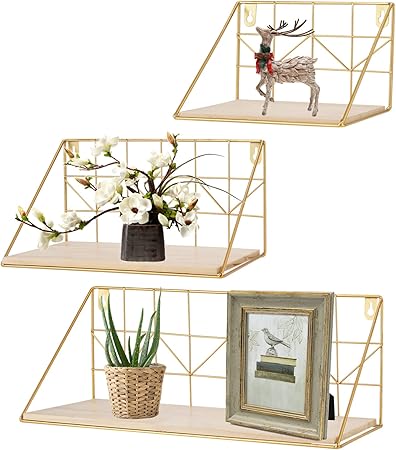 Estantería de pared dorada de metal, juego de 3 estantes de madera, estante de cocina, estante flotante para dormitorio, salón, cocina, oficina