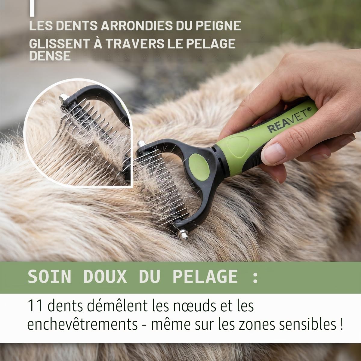 ReaVET Brosse pour chien et chat - Brosse à sous-poil pour poils longs - Pour les petites races - Élimine les sous-poils et les nœuds - Avec effet de massage et protection des poils - Brosse pour