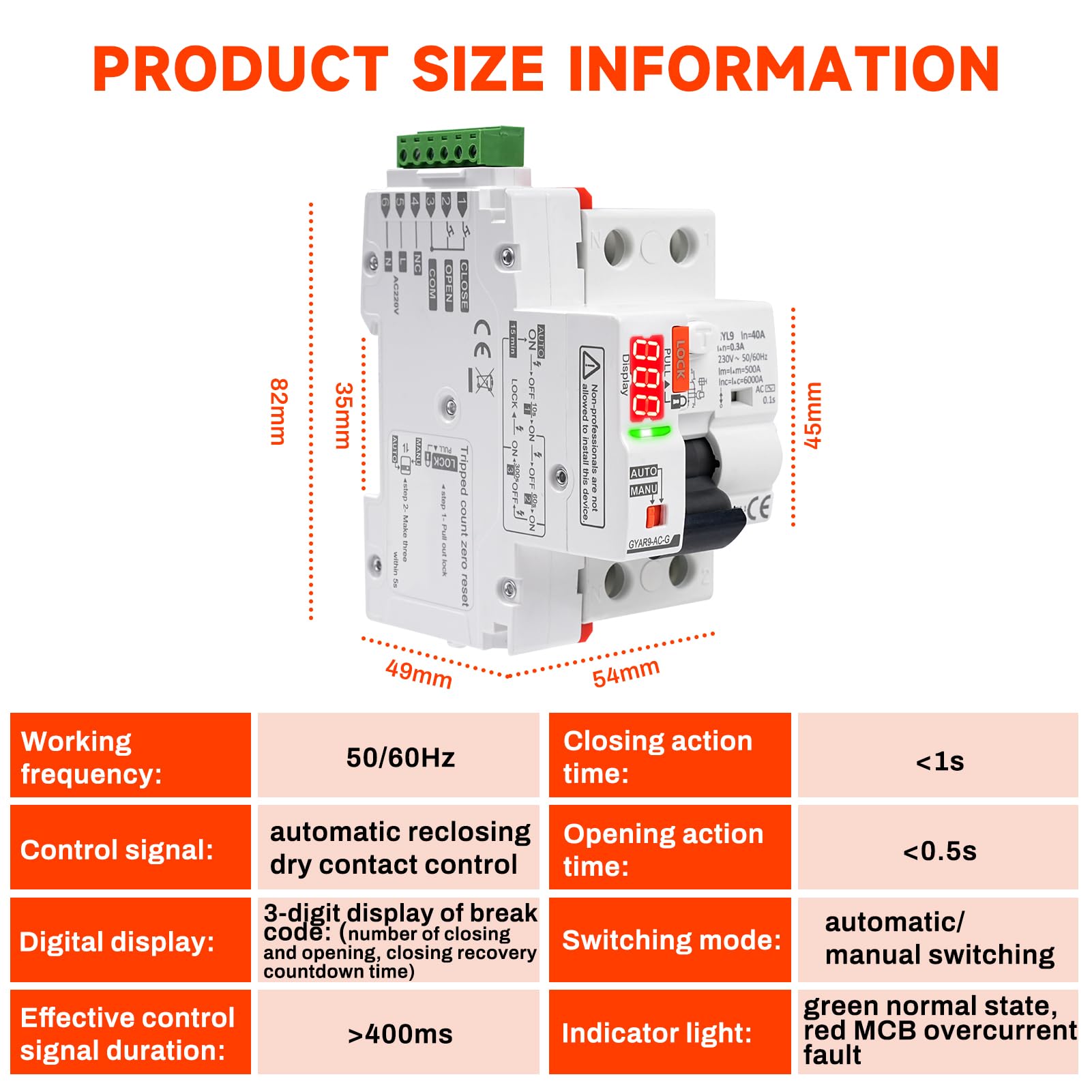 Interruttore magnetotermico differenziale tipo AC Salvavita con riarmo automatico 2P 40A 300mA RCCB AC230V interruttore differenziale a riarmo automatico display digitale LED GYAR9-AC-G