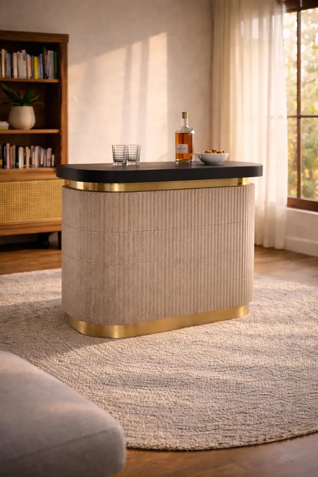 Modern Fluted Bar Counter | Luxury Wooden Home Bar Cabinet with Metal Accents for Living Room, Lounge, Café & Hospitality | Beige & Black-image-14