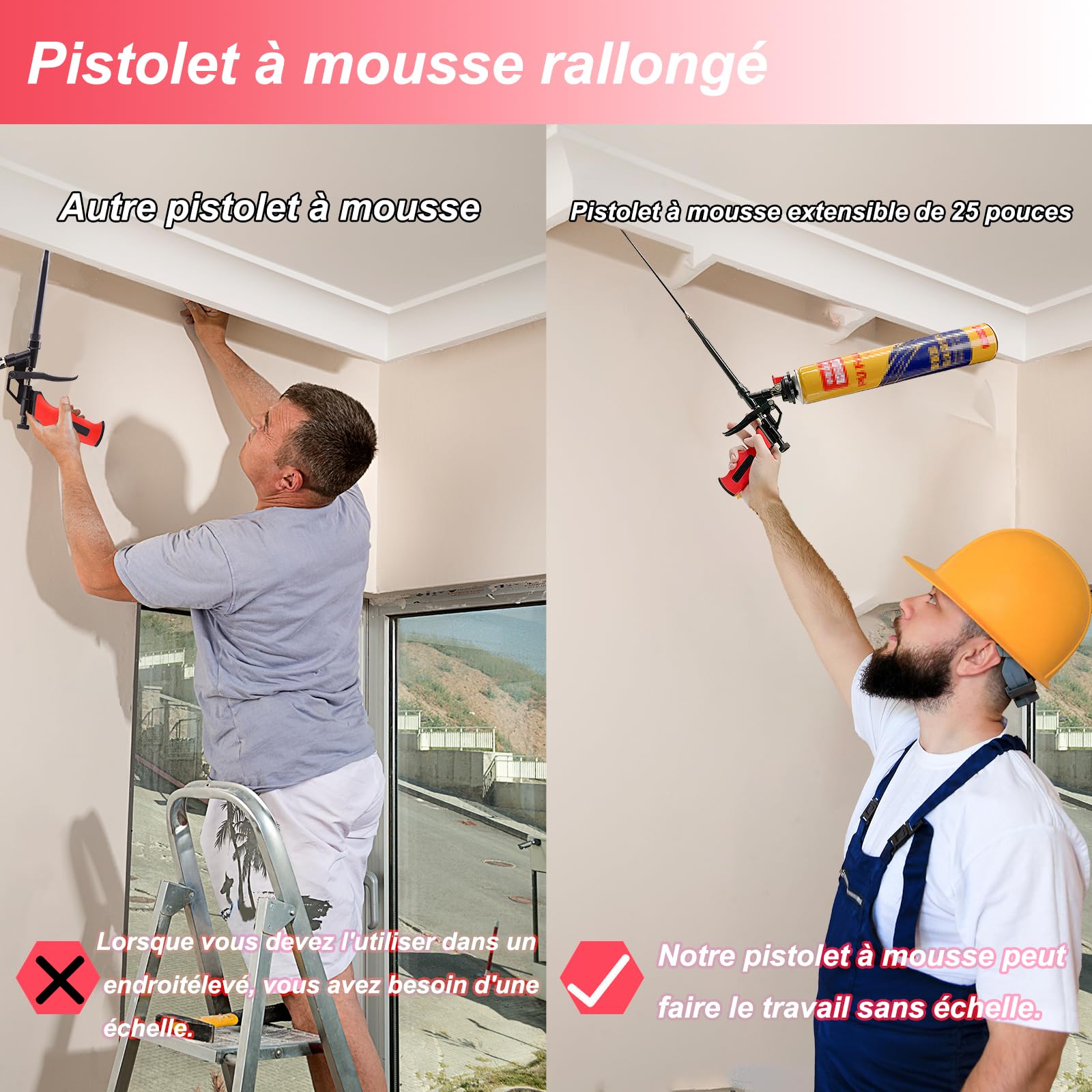 Pistolet à mousse extensible de 63,5 cm – Panier avec revêtement en téflon antiadhésif, pistolet isolant en mousse extensible pour calfeutrer, remplir, sceller