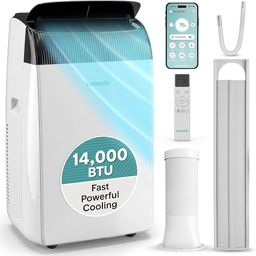 SereneLife 14,000 BTU Portable Air Conditioner with Dehumidifier & Fan | Wi-Fi Enabled Portable AC Unit for Rooms up to 650 Sq Ft | Compact Standing Air Conditioner with Window Kit (Gray)