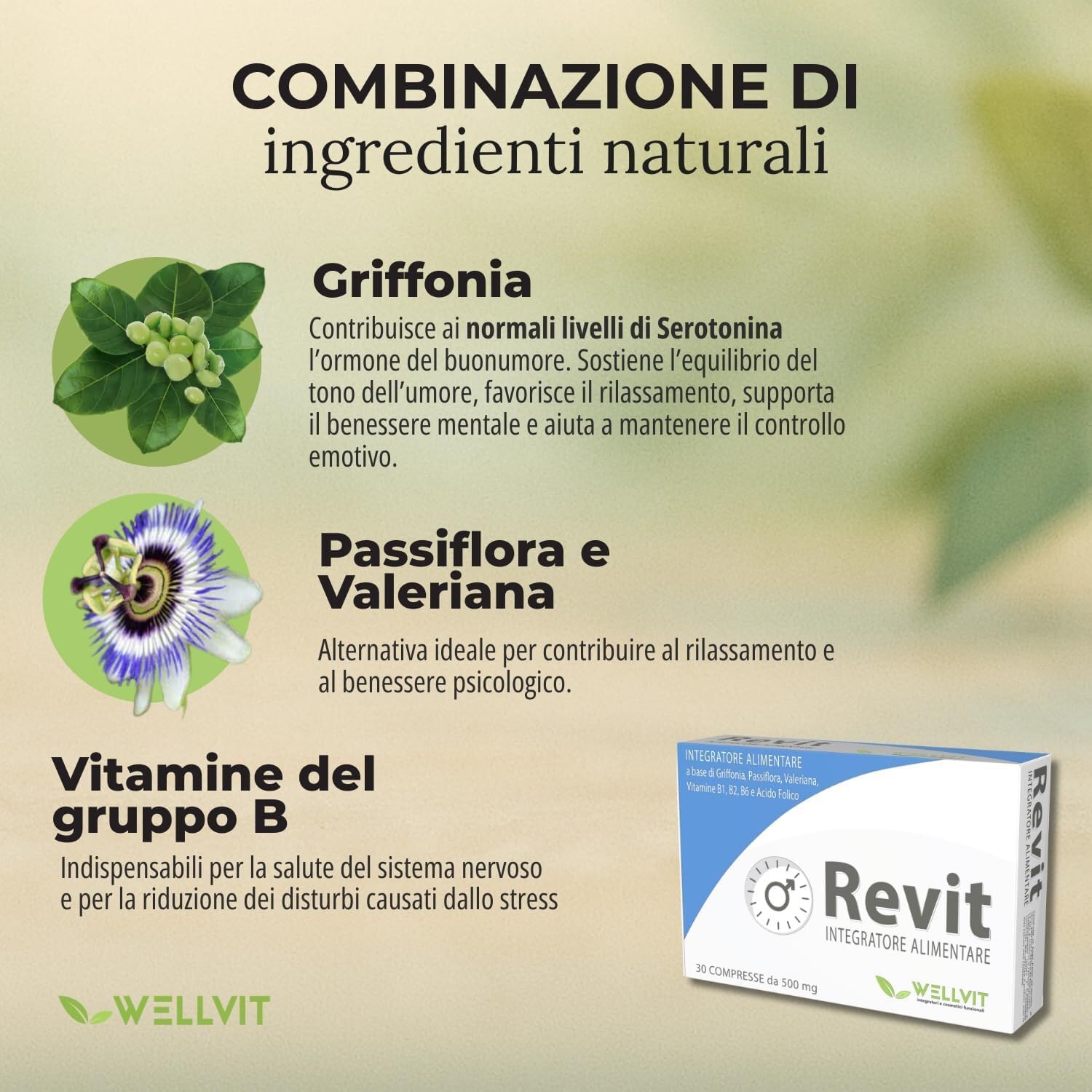 REVIT Integratore Utile Contro l' Ansia Stimola la produzione di Serotonina, l' Ormone del Benessere Completamente Naturale Prodotto in Italia