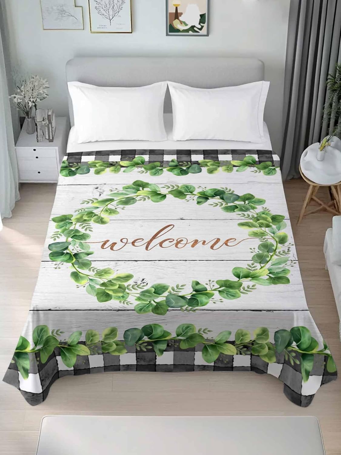 Top Sheet Full Bedding Flat Sheet Only, Farmhouse Green Leaf Wreath Microfiber Bed Sheets Soft Breathable Bedding Flat Sheets, Country Leaves Wood Plank Plaid Hotel Luxury Top Sheets