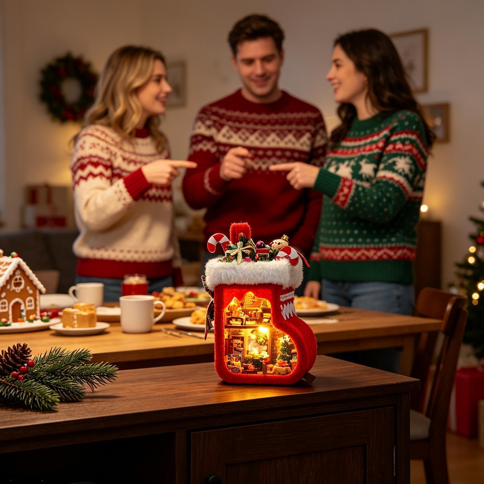 Kit Casa In Miniatura Calza Natalizia Decorativa Con Illuminazione LED | Kit Fai da Te Casa in Miniatura di Legno per Angolo Adatto per Tavolino da Caffè, Armadietto, Comodino, e Soggiorno