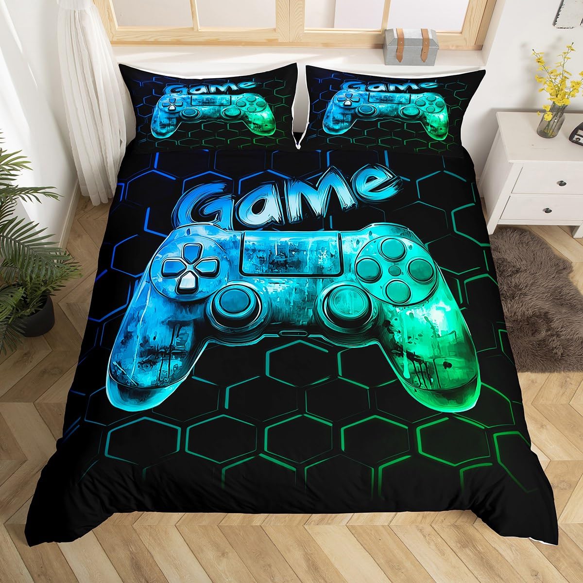Kids Gaming Super King Duvet Cover for Boys, Vintage Game Console Bedding Set Gamer Room Decor, Blue Green Geometric Honeycomb Duvet Cover Set, Graffiti Style Gamepad Bed Sets — image 1
