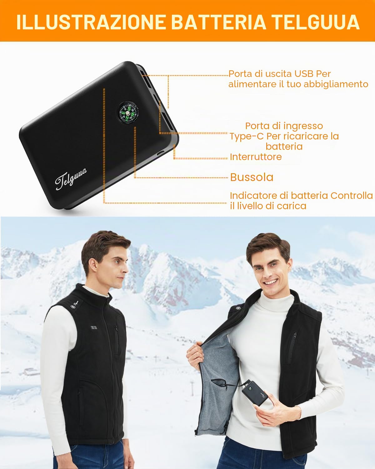 Gilet Riscaldato in Pile per Uomo Batteria 10000mAh Heated Fleece Vests | 6 zone di Riscaldamento 3 livelli di Temperatura Leggero Lavabile in Lavatrice