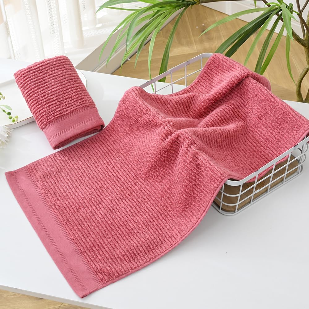 YiLUOMO Pink Hand Towel Set of 2 Ribbed Striped 100% Cotton Quick Dry Soft and Absorbent Bathroom Decorative Hand Towel 13 x 29 Inch - Image 4