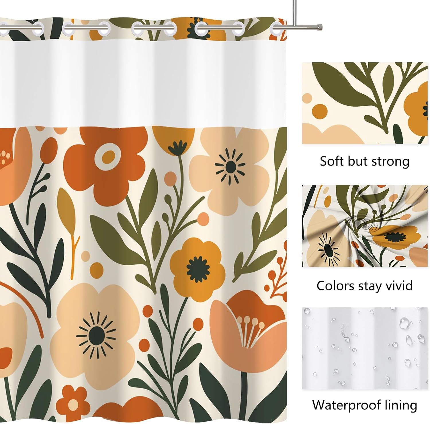 No Hook Boho Shower Curtain with Snap in Liner 71 x 74Inch