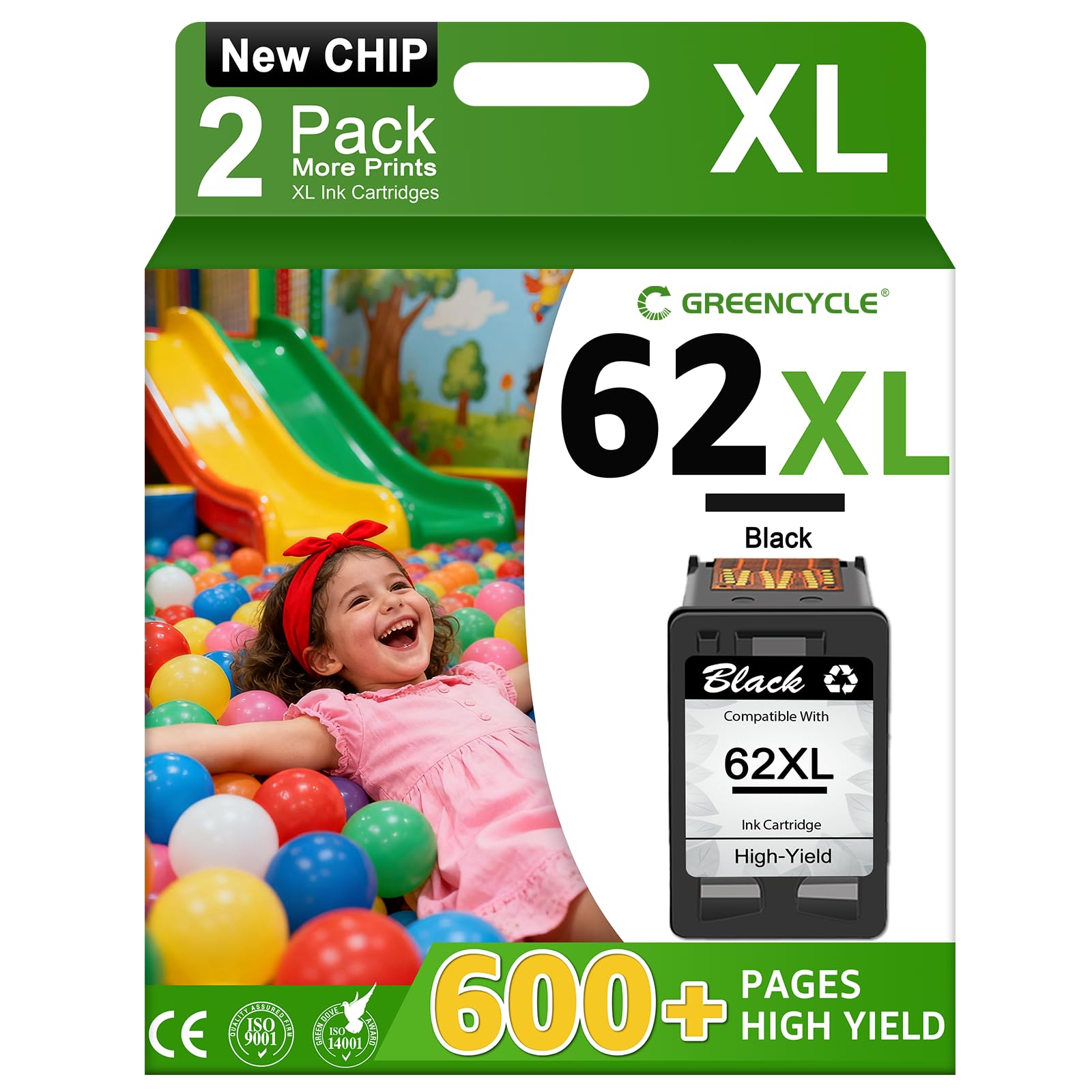 GREENCYCLE Remanufactured 62XL 62 XL C2P05AN Black Ink Cartridge Replacement Compatible for HP Envy 5540 5640 5660 7644 7645 OfficeJet 5740 8040 OfficeJet 200 250 Series Printer (2 Pack)