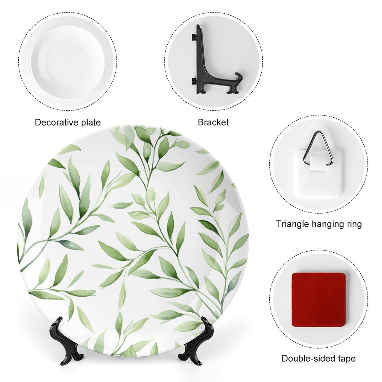 Piatti piani in ceramica con motivo stampato con foglie verdi, piatti decorativi in porcellana Bone China con espositore Ornamenti in ceramica artistica per decorazione da appendere alla parete,