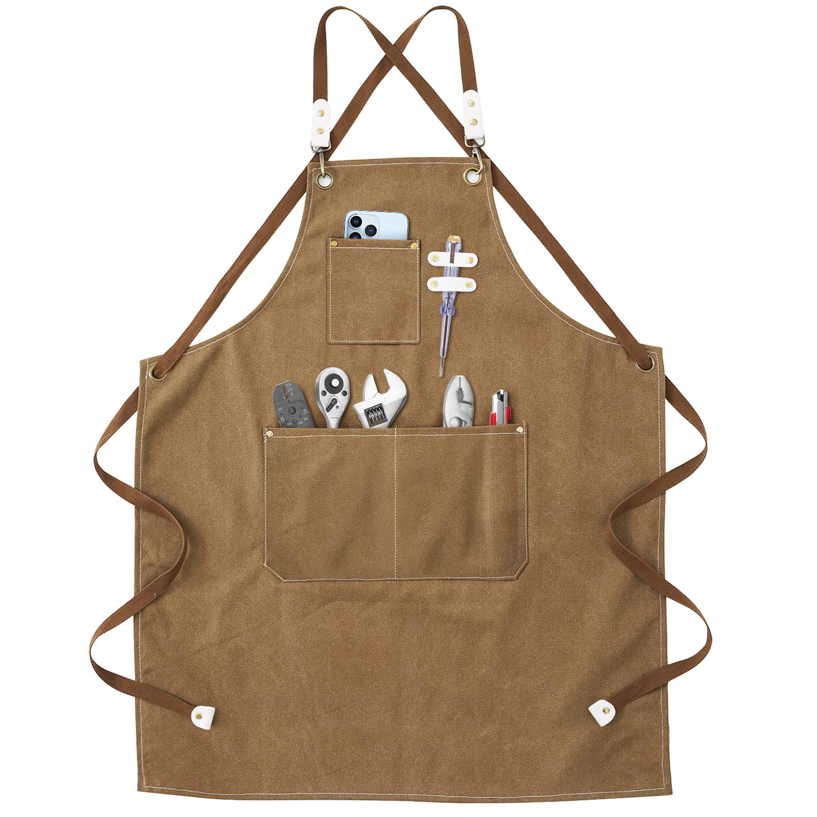 Grembiule da lavoro - Grembiule da saldatura con tasche per attrezzi Cinghie incrociate regolabili sul retro Indumenti protettivi per uomo e donna Perfetto per giardino,cucina,garage (Marrone)