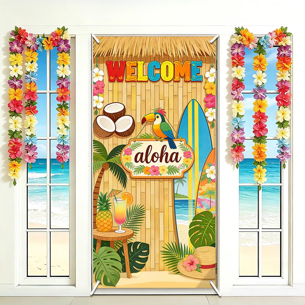 SUPERDANT Door Banner Backdrop Hawaii Aloha Front Door Cover Background Polyester Banner Shooting Backgrounds with Copper Hanging Holes Reusable Decor for Porch 185x90cm
