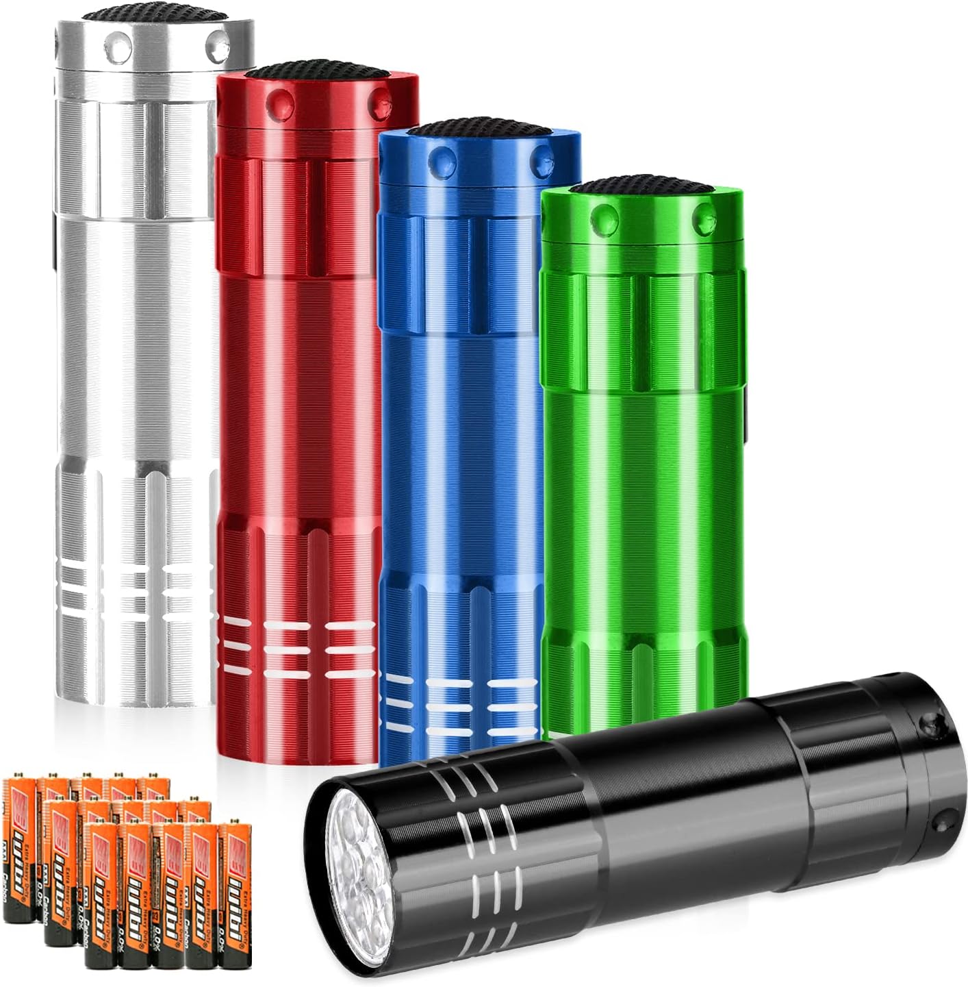 yikosam 5 Pack of Flashlights 9 LED Mini Aluminum Flashlight with Lanyard 15 AAA Batteries Included Assorted Colors Handheld Flashlights for Hurricane Supplies Camping, Night Reading, Cycling - - 