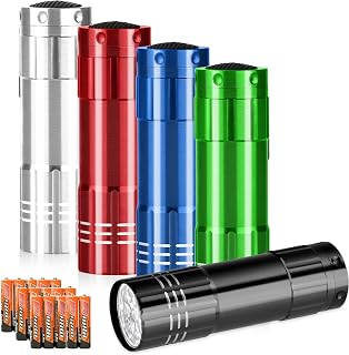 yikosam 5 Pack of Flashlights 9 LED Mini Aluminum Flashlight with Lanyard 15 AAA Batteries Included Assorted Colors Handheld Flashlights for Hurricane Supplies Camping, Night Reading, Cycling