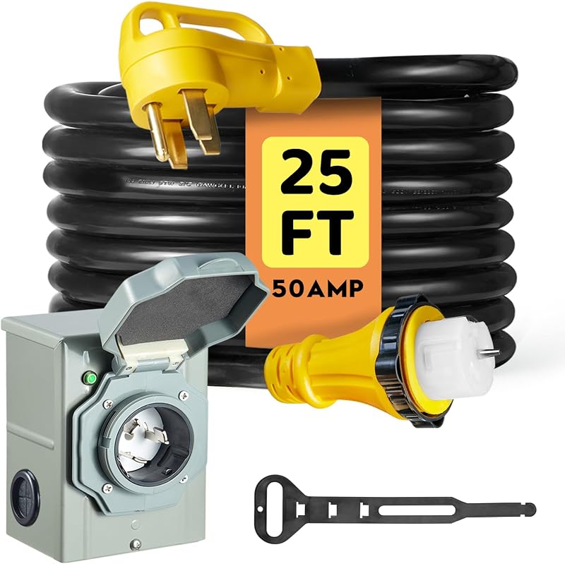 50 Amp 25 Feet Generator Cord and Power Inlet Box Combo Kit NEMA 14-50P Male to SS2-50R STW 6/3+8/1 AWG 125/250V Twist Locking with Inlet Box for Generator to House