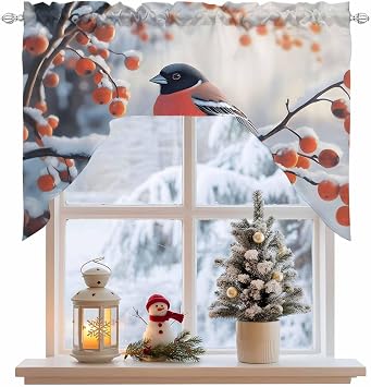Swag Valance Curtains, Christmas Bullfinch Bird on Branch Rod Pocket Valances Swag Topper for Kitchen Windows, Snowy Winter Wildlife Light Filtering Short Curtain for Bedroom Bathroom 56x36In