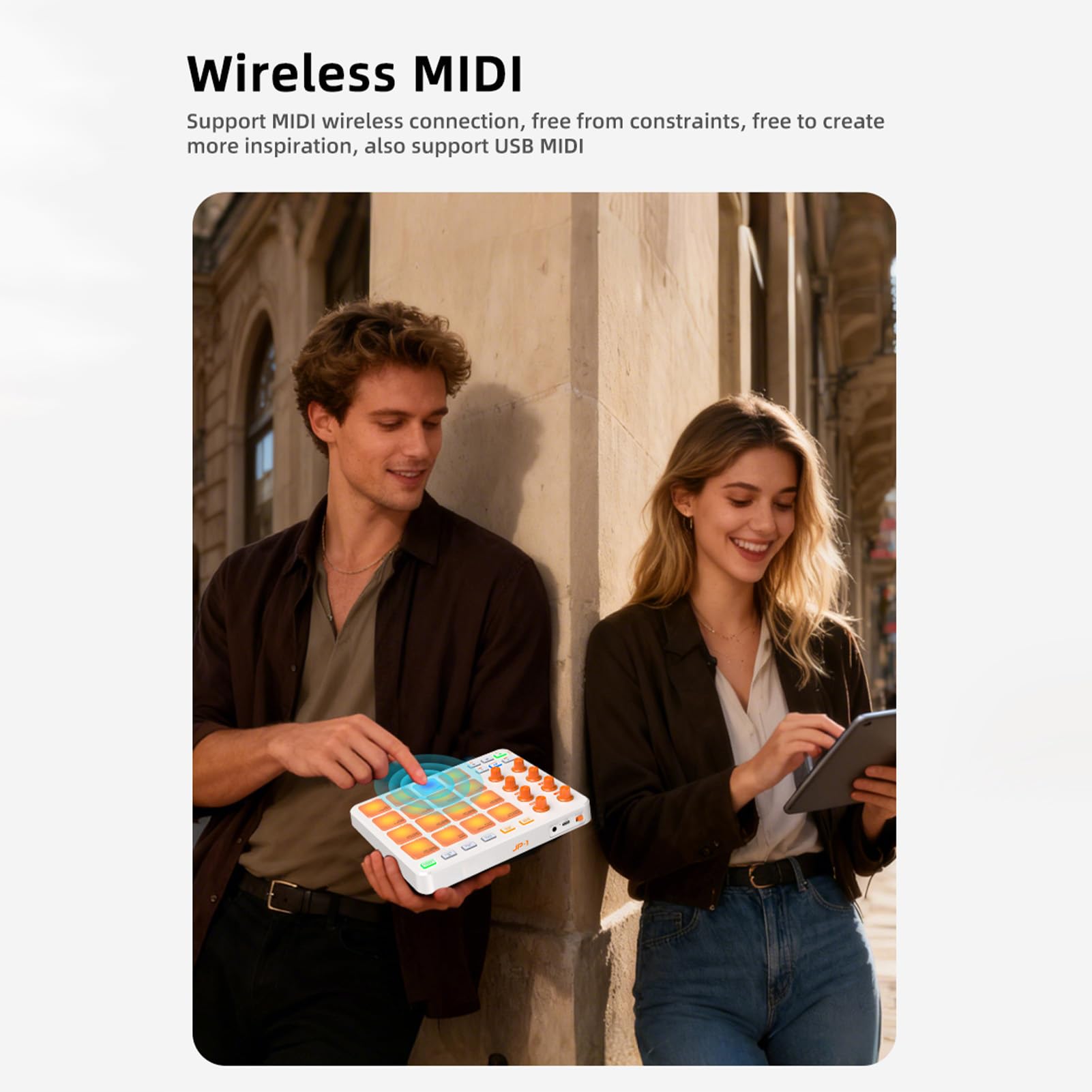 Controller MIDI, 16 Pad RGB 8 Manopole 6 Pulsanti Personalizzabili Batteria Ricaricabile Wireless da 2000 MAh, con Connessione USB MIDI per Professionisti Principianti della (Bianca)