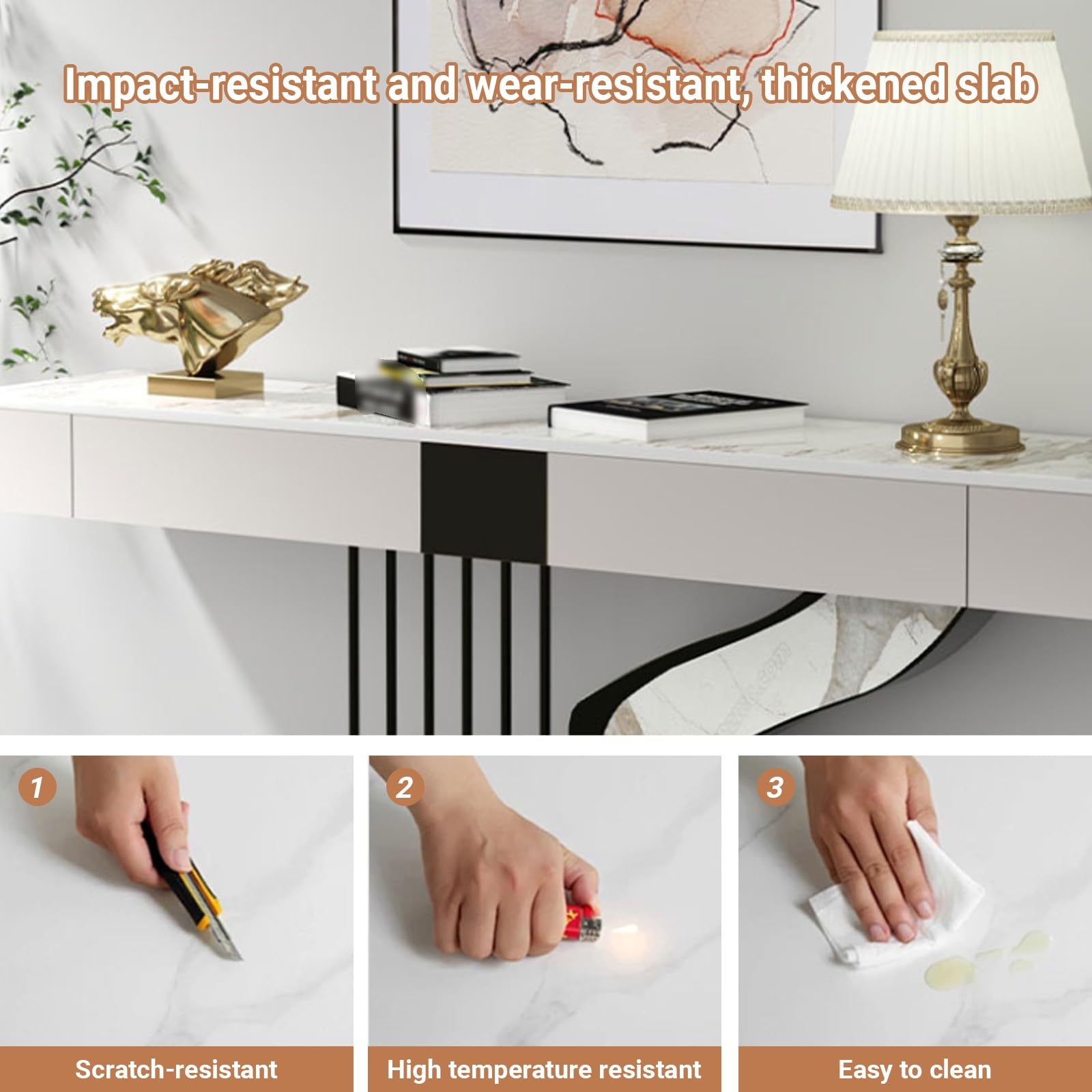 Tavolo consolle contemporaneo a mezzaluna con piano in pietra sinterizzata, tavolo consolle di lusso, tavolo stretto da divano con cassetti portaoggetti