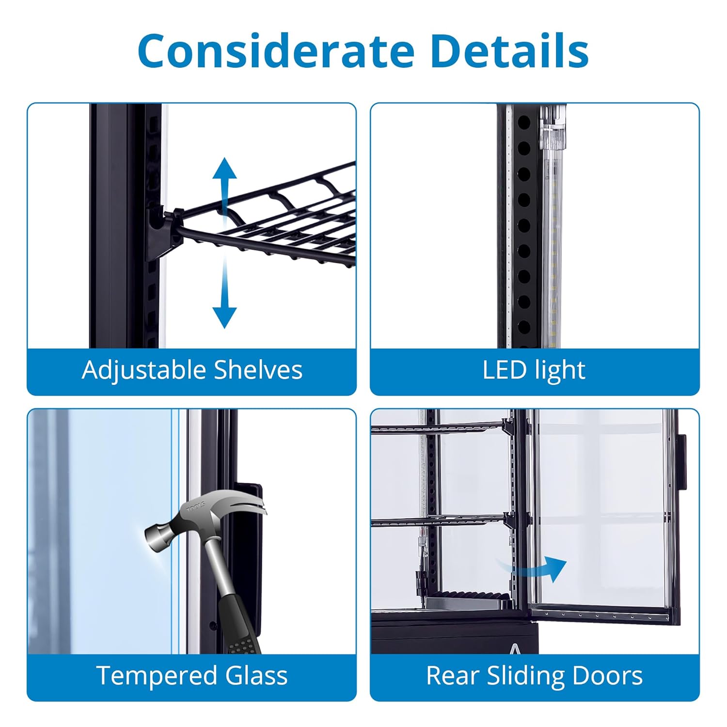 Close-up of adjustable shelves, LED light, tempered glass, and rear sliding doors