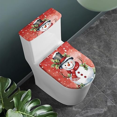 Miniatura 2 de Juego de 2 fundas de asiento de inodoro y tapa de tanque de muñeco de nieve rojo, para baño, decoración del hogar, decoración de Navidad