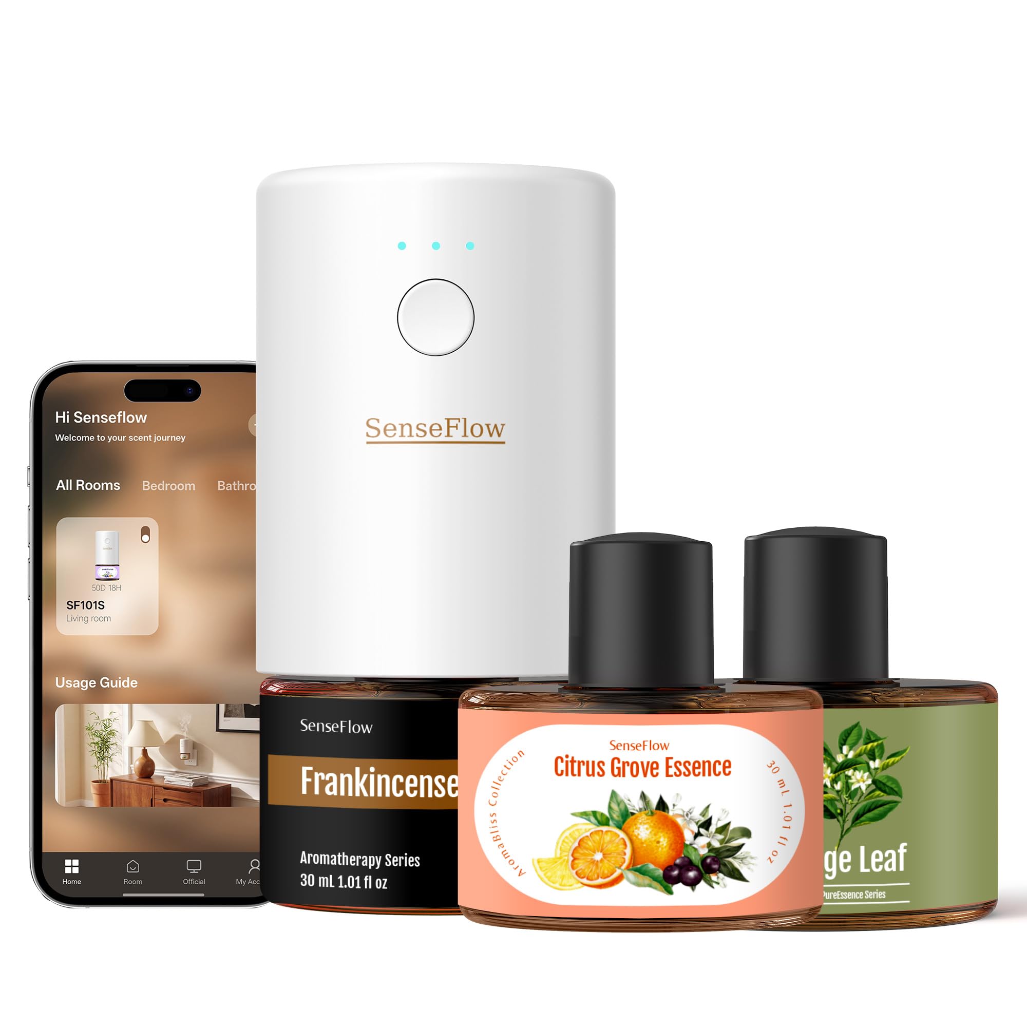 Diffuseur d'arômes pour huiles essentielles Smart Wi-FI SF101S Pro, diffuseur de Parfum à ultrasons sans Eau, 120 Jours d'arôme pour la Maison - Petitgrain & Verger d'Agrumes & Encens