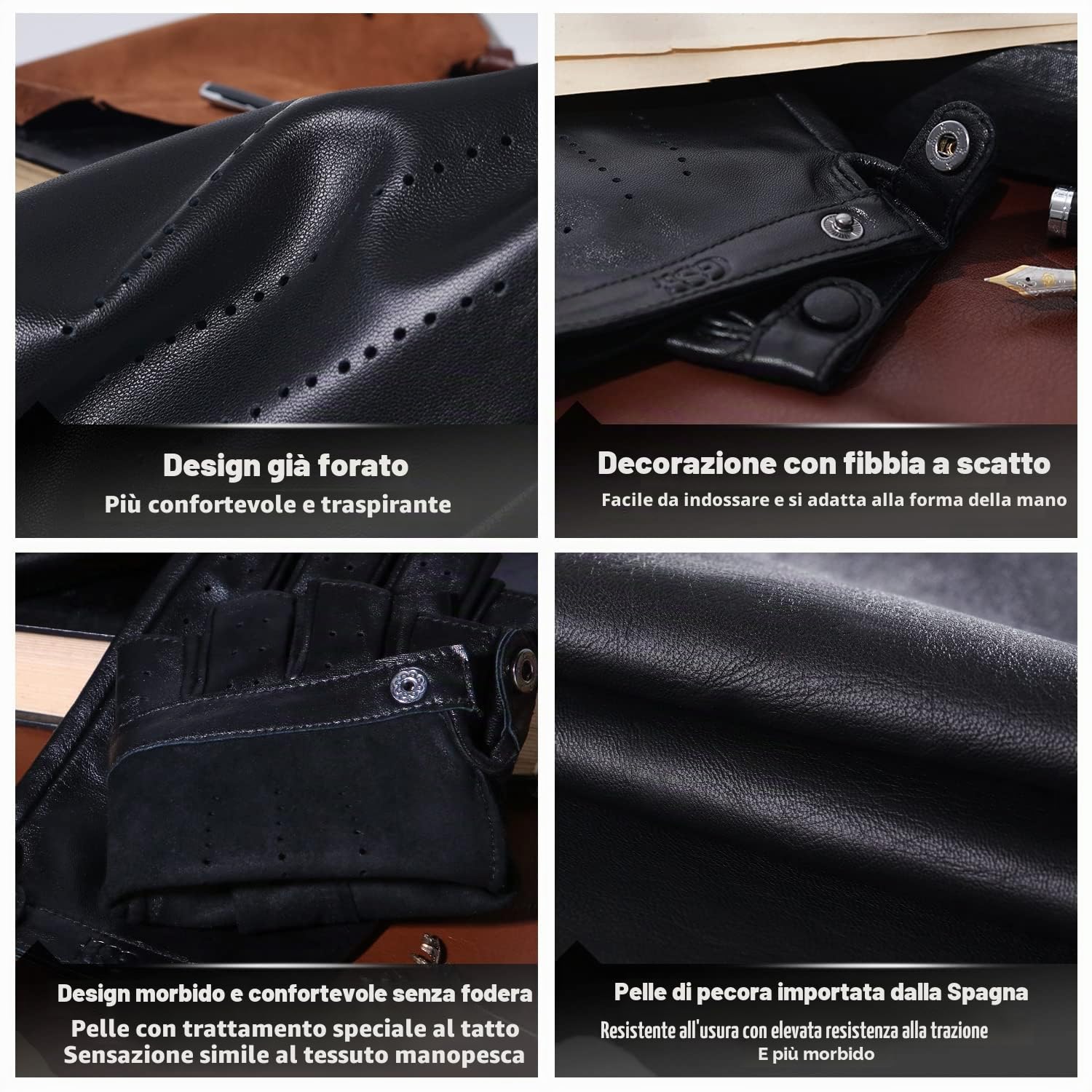 GSG SINCE 1998 Guanti Pelle Donna Senza Dita – Pelle di Pecora, Senza Fodera, Mezza Dita per Guida, Ciclismo e Attività Outdoor, Nero M
