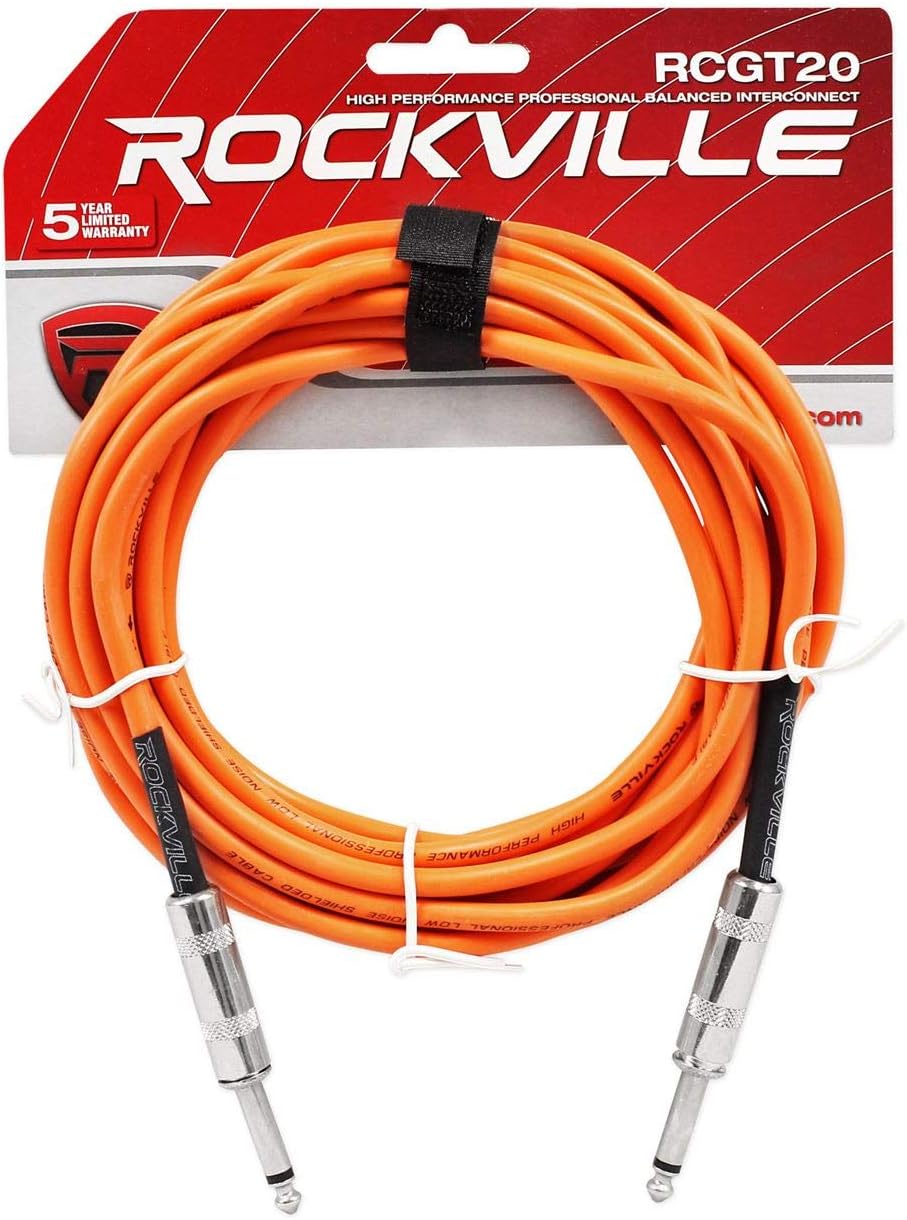 RockvilIe RCGT20O 20フィート 1/4インチ TSから1/4インチ TSギター/アンバランスシグナルケーブル-オレ