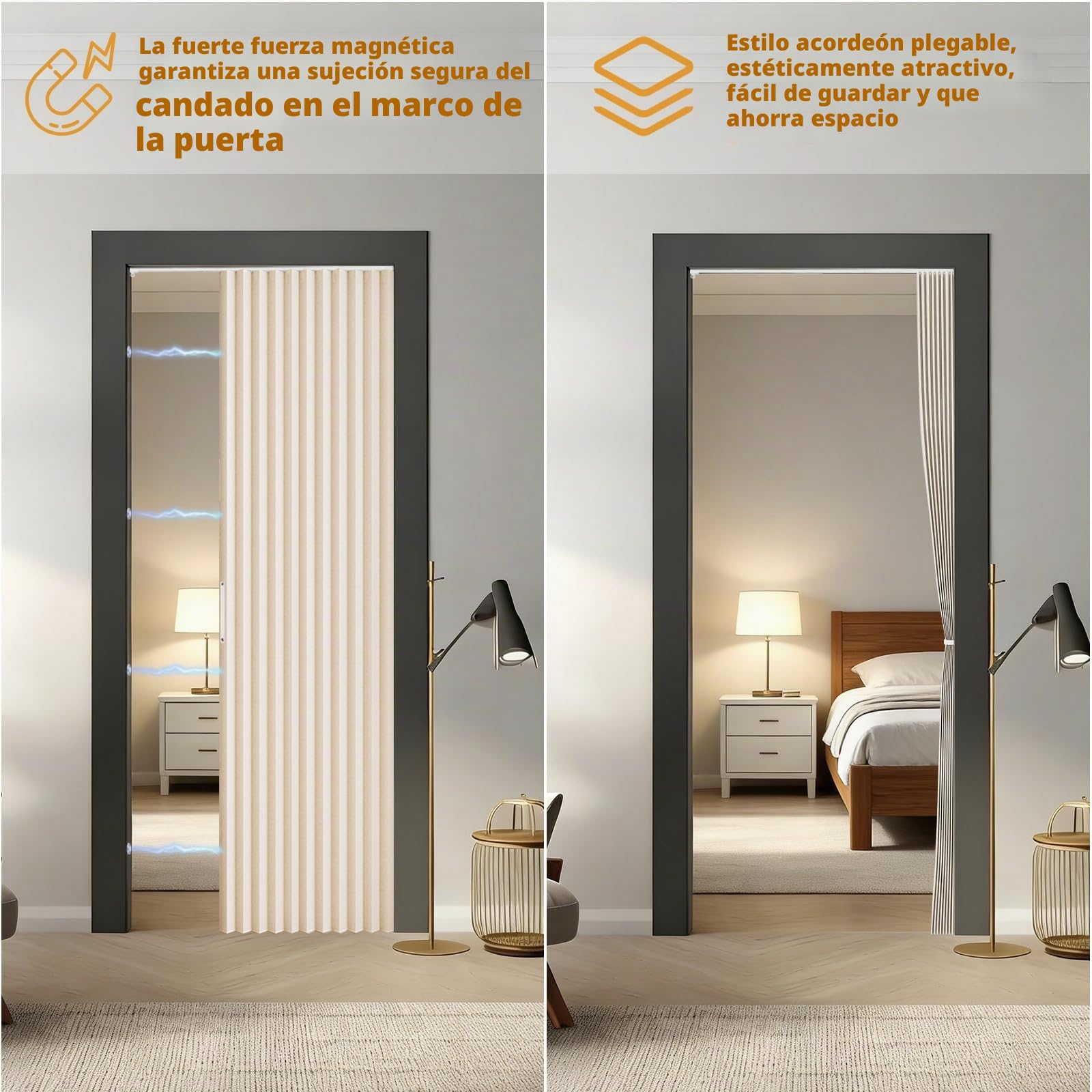 Cortina magnética para puerta, 100 % opaca, puerta de acordeón con cierre magnético, montaje adhesivo sin taladrar, incluye capa adhesiva, aspecto de lino, plegable (beige)