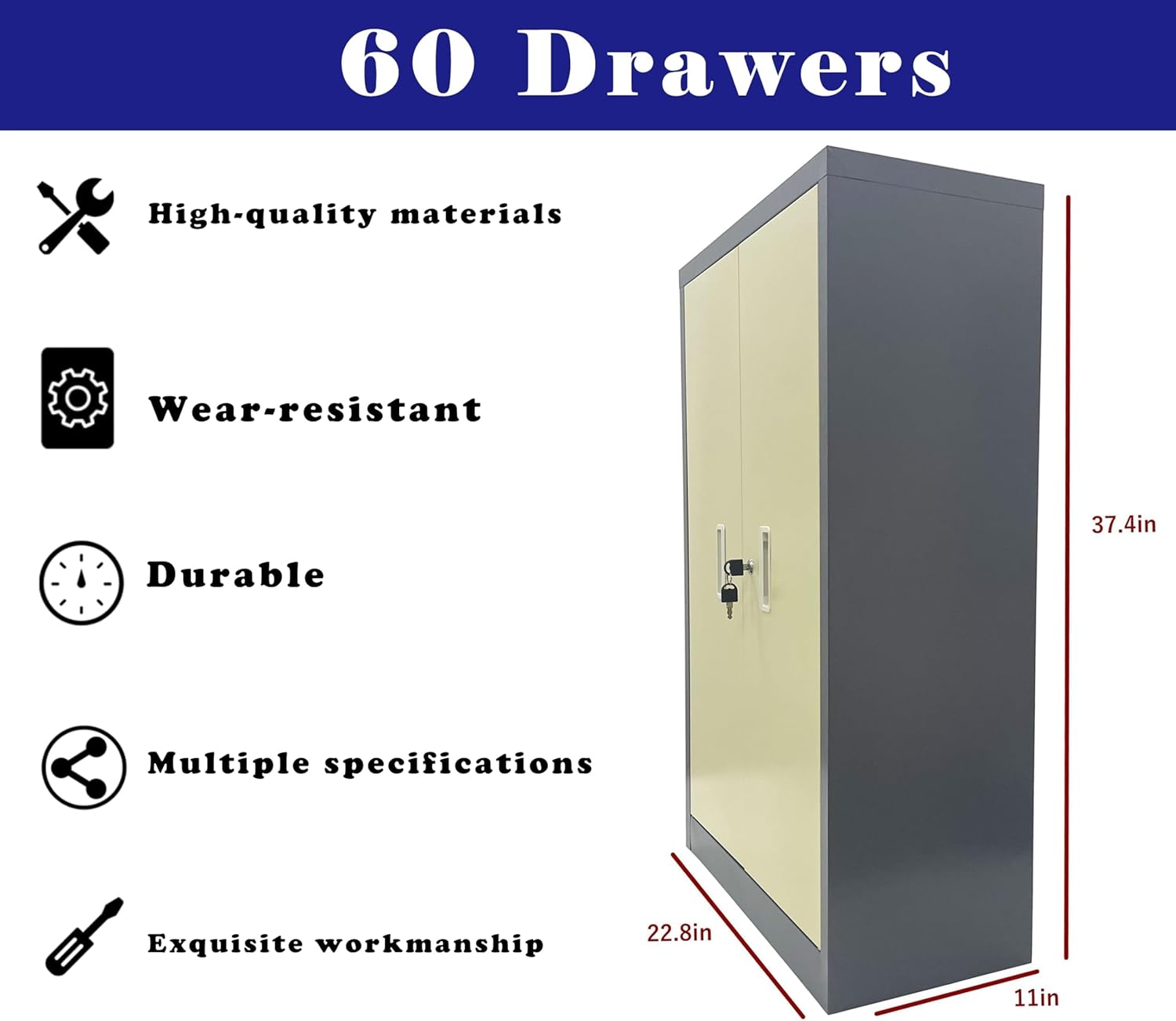 Parts Cabinet with 60 Drawers Lockable Garage Organizer Steel & ABS Parts Storage Cabinet with Doors, Partitions & Labels Drawer Size 7.8"*3.9"*1.9"