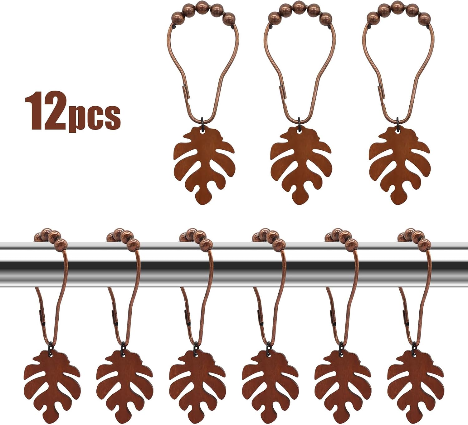 12 PCS, Turtle Backed Bamboo Leaf Wood Pendant Pendant, Bronze Colored Shower Curtain Hook, Decorative Hook, Brown Shower Curtain Ring, Used for Bathroom Decoration, Craft Gift image 5